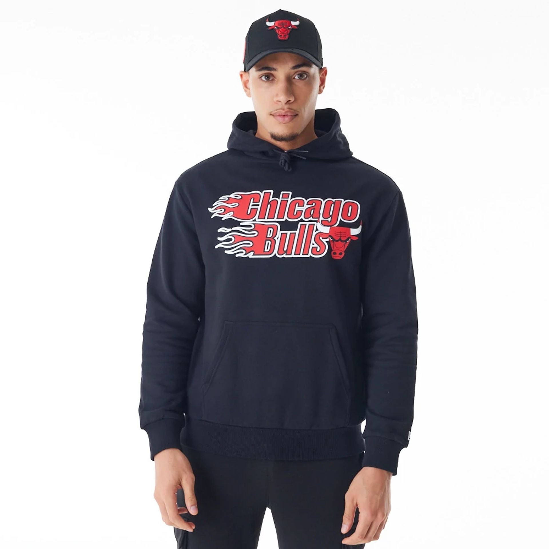 The Male model is wearing Chicago Bulls NBA Flame Print Black Oversized Pullover Hoodie 1
