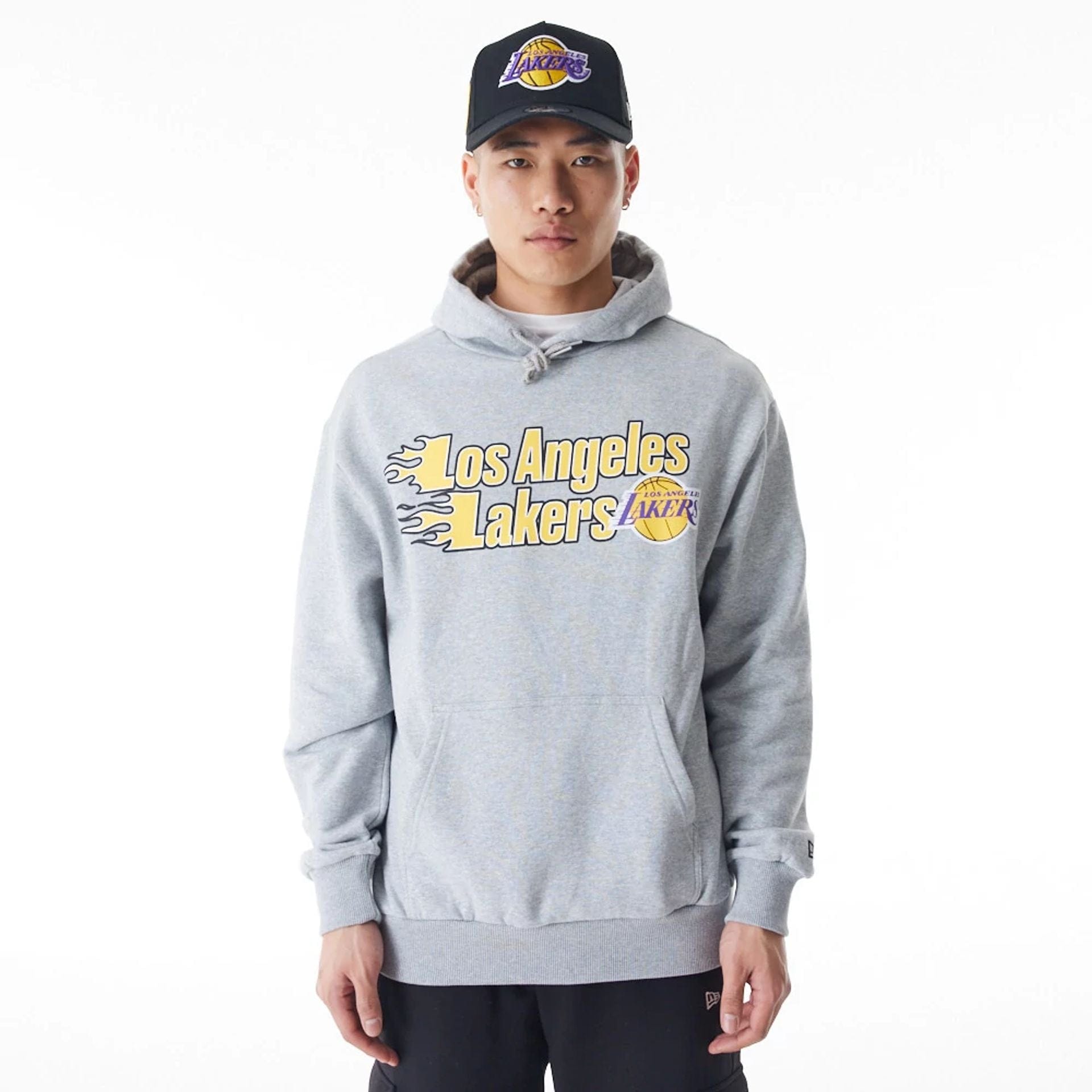 The Male model is wearing LA Lakers NBA Flame Print Grey Oversized Pullover Hoodie 1