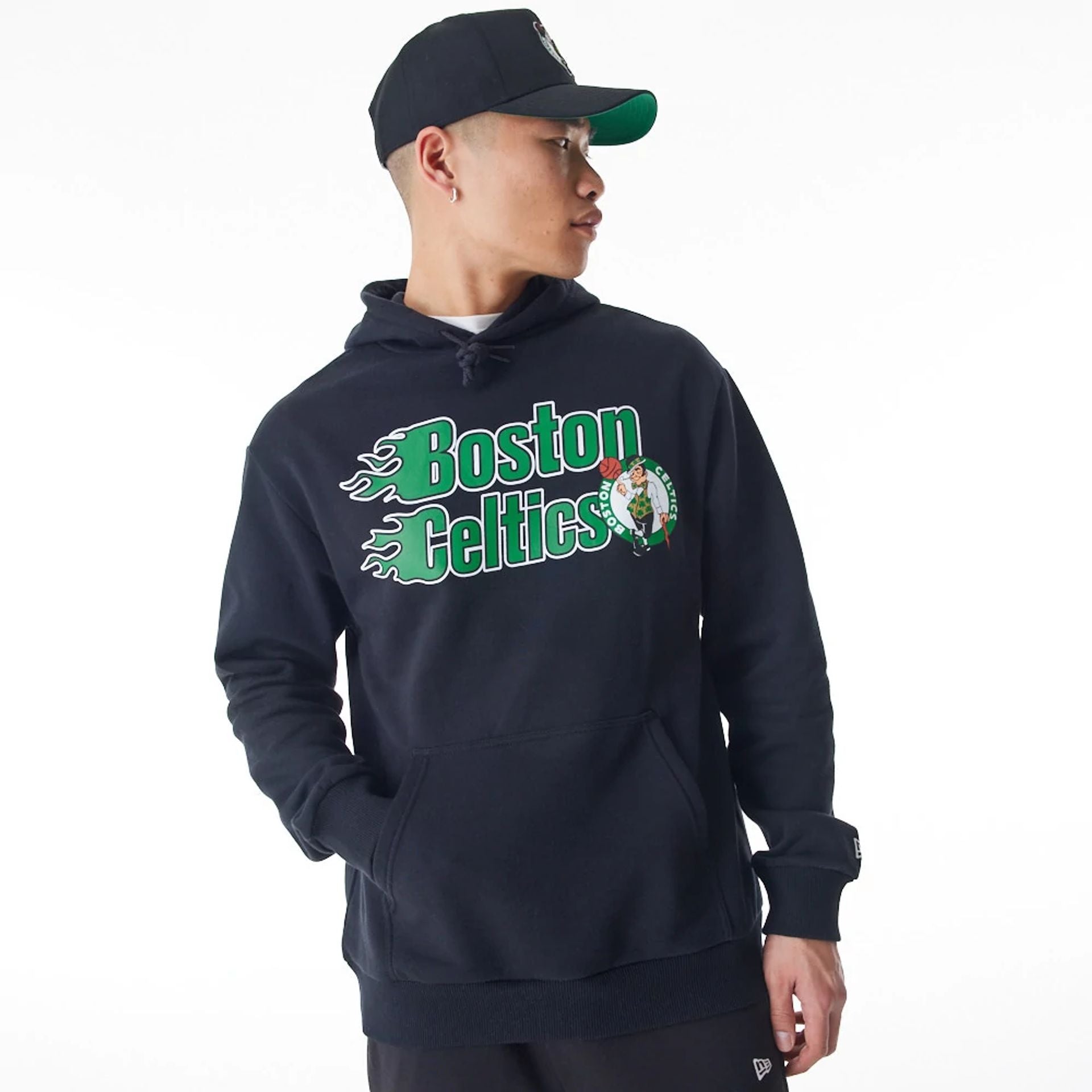The Male model is wearing Boston Celtics NBA Flame Print Black Oversized Pullover Hoodie 1