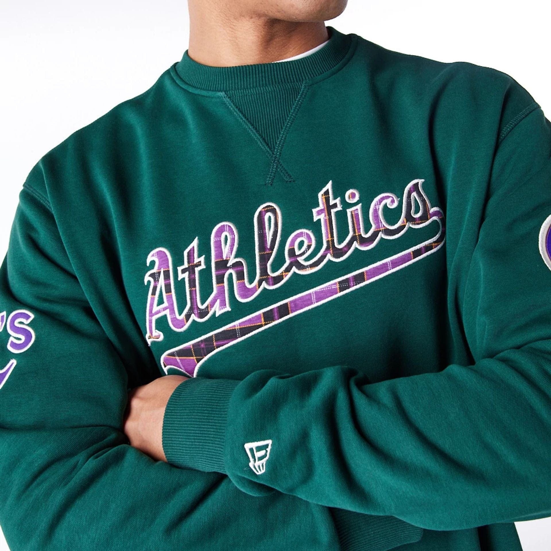 The Male model is wearing Oakland Athletics MLB Tartan Infill Dark Green Crew Neck Sweater 2