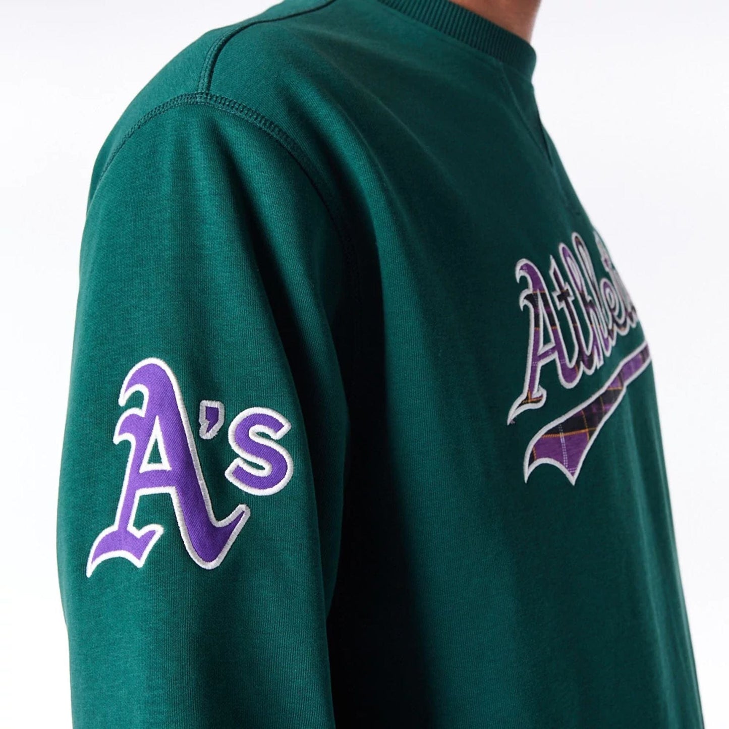 The Male model is wearing Oakland Athletics MLB Tartan Infill Dark Green Crew Neck Sweater 9