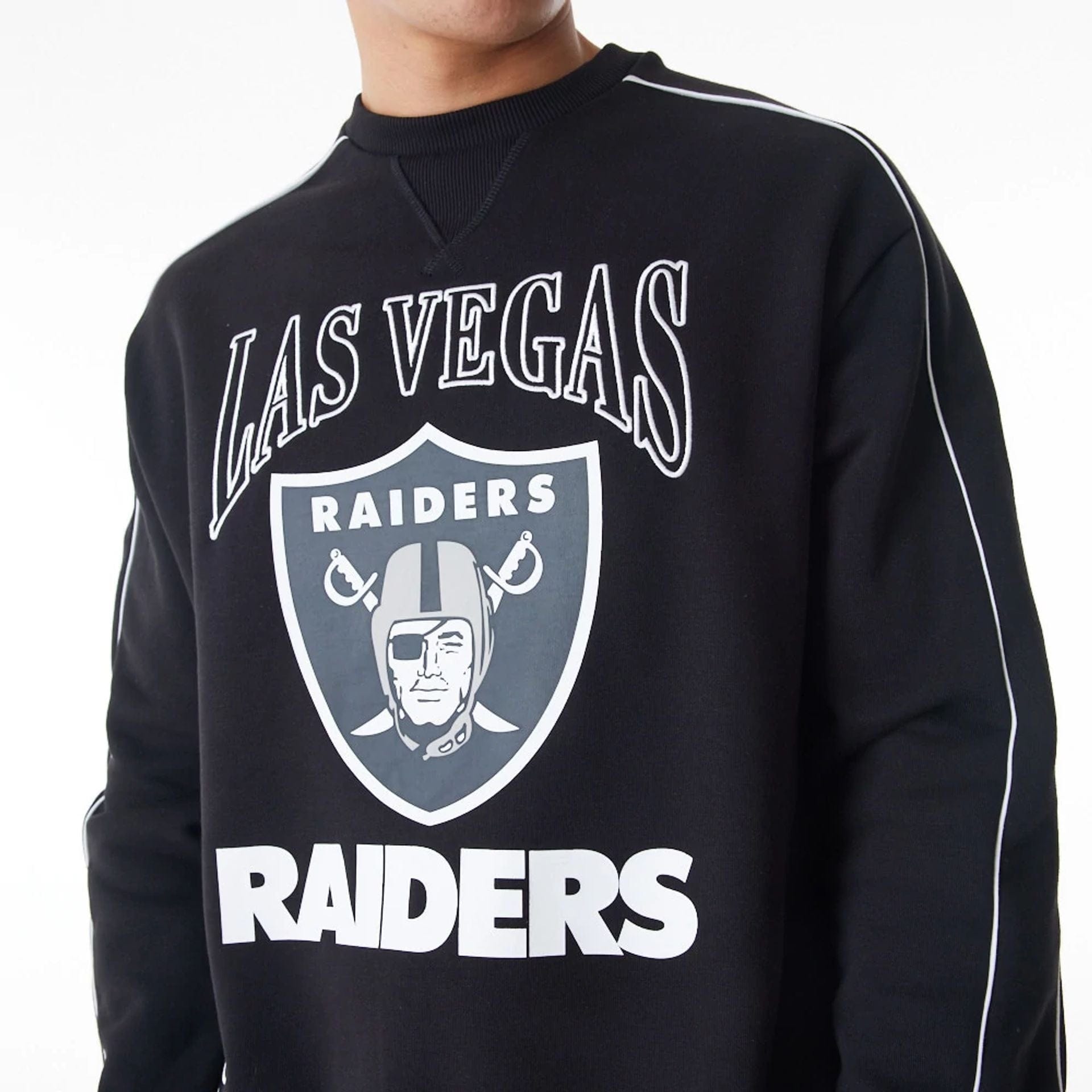The Male model is wearing Las Vegas Raiders NFL Graphic Black Crew Neck Sweater 2