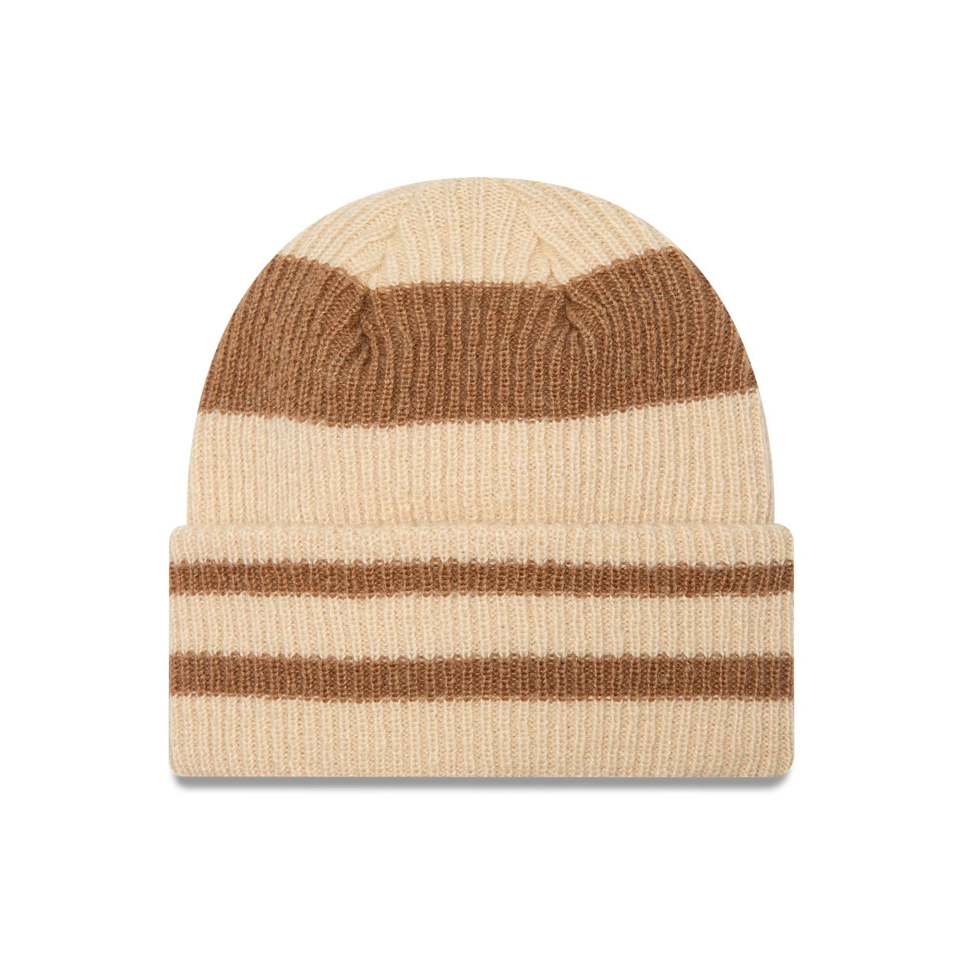 This is a Womens New Era Stripe Beige Cuff Knit Beanie Hat 2