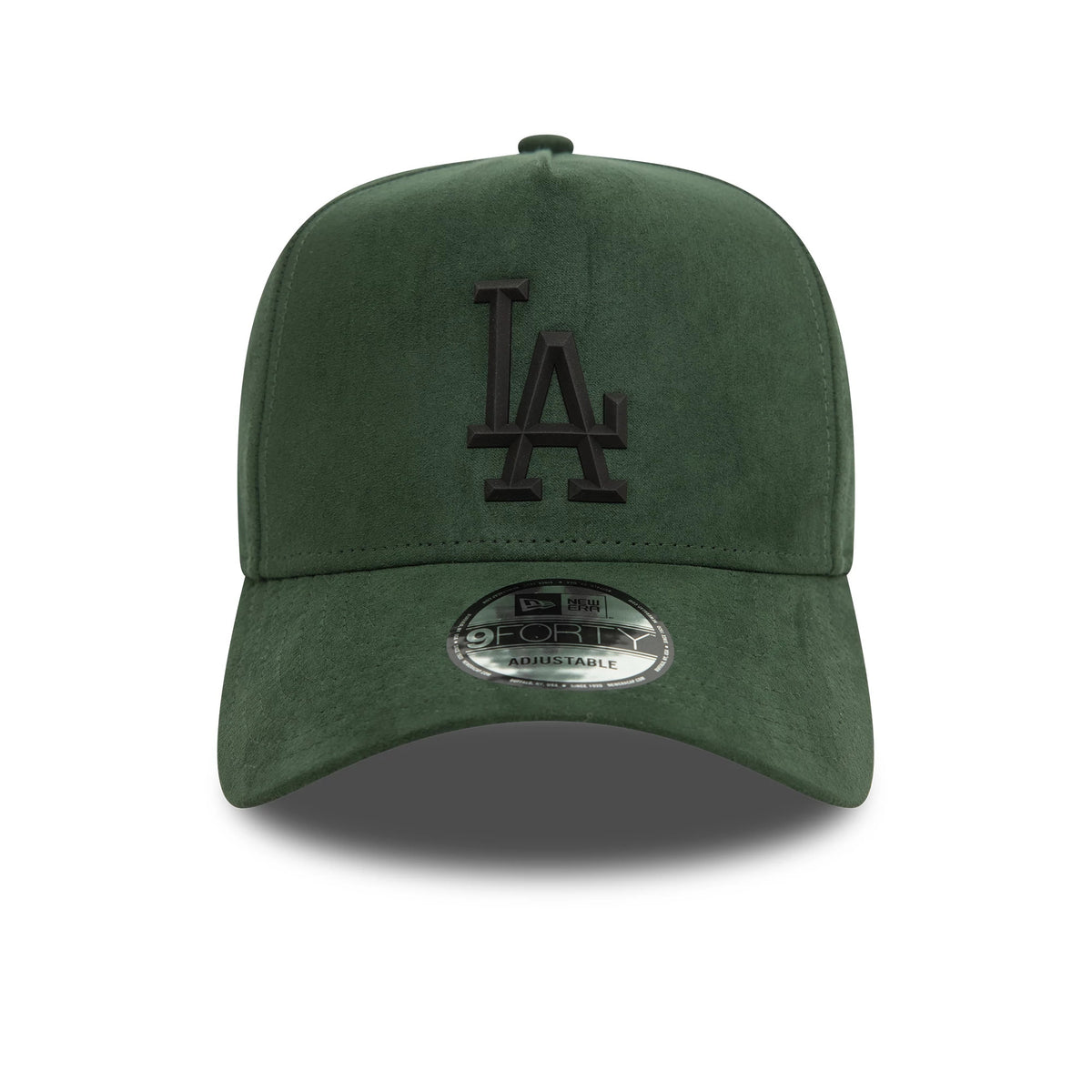 LA Dodgers Faux Suede Dark Green New Era 9FORTY E-Frame Cap, front view showing the black raised embroidered LA logo on the front panel and a 9FORTY size sticker centred on the curved dark green visor.