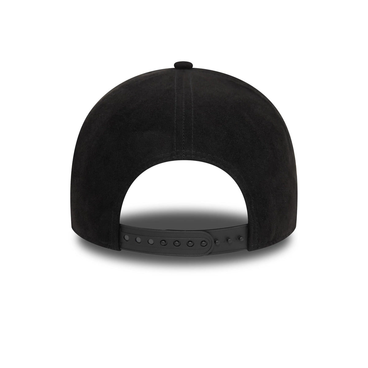 New York Yankees Faux Suede Black New Era 9FORTY E-Frame Cap, rear view showing the adjustable black strap with snap closure, against the soft black faux suede finish of the crown.