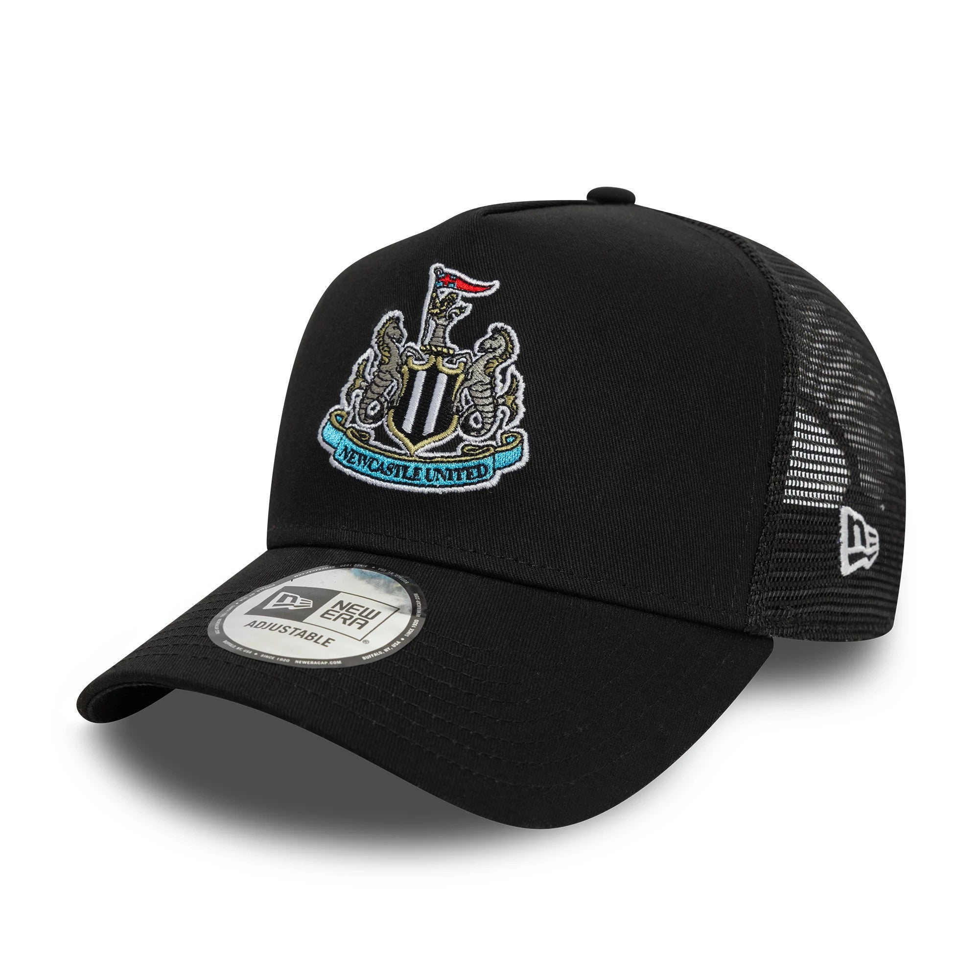 This is a Newcastle United FC Core Black 9FORTY E-Frame Trucker Adjustable Cap 1
