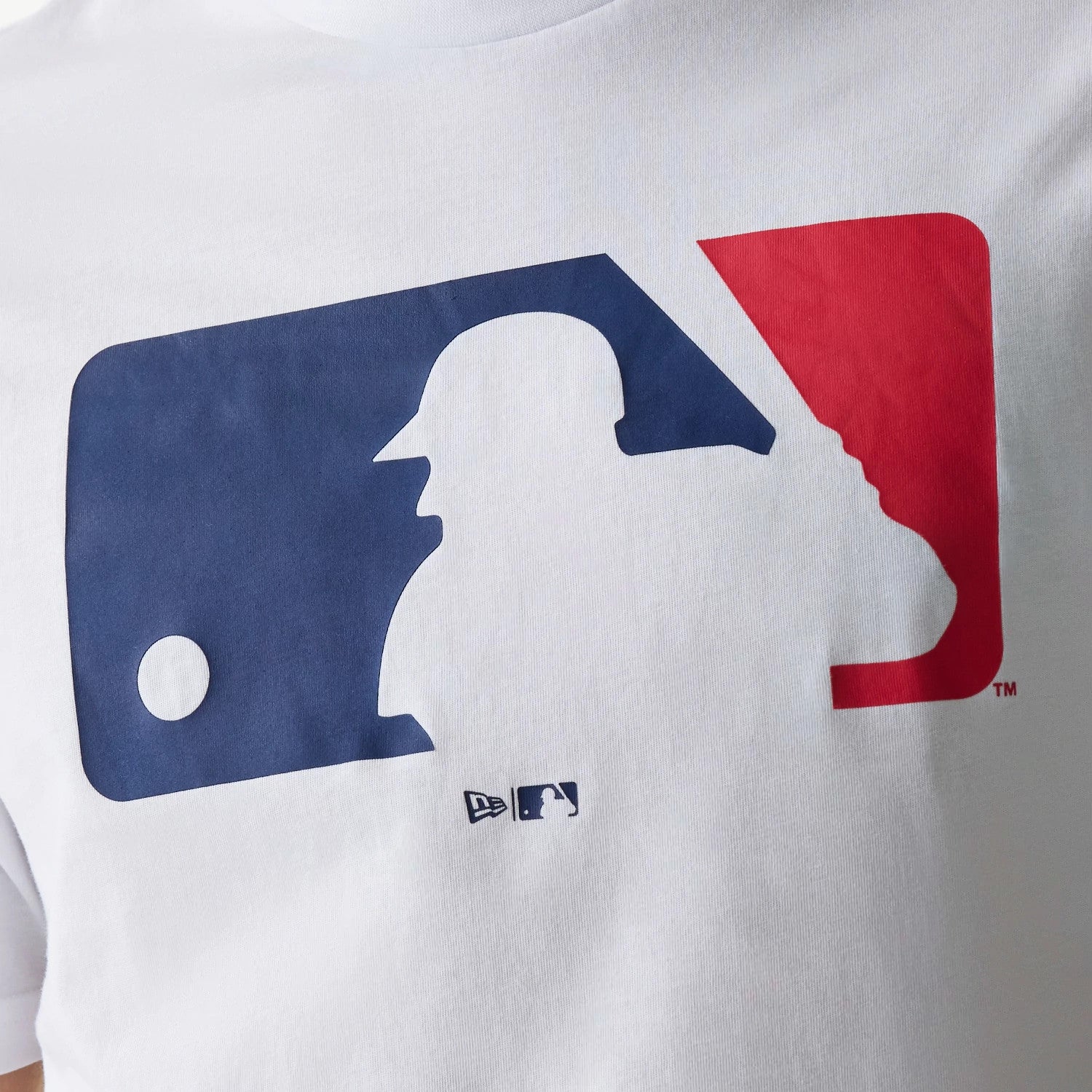 New Era MLB Generic Logo MLB Regular White T-Shirt, front view showing a large MLB logo in blue, white, and red centred on the chest with debossed New Era and MLB logos beneath it.