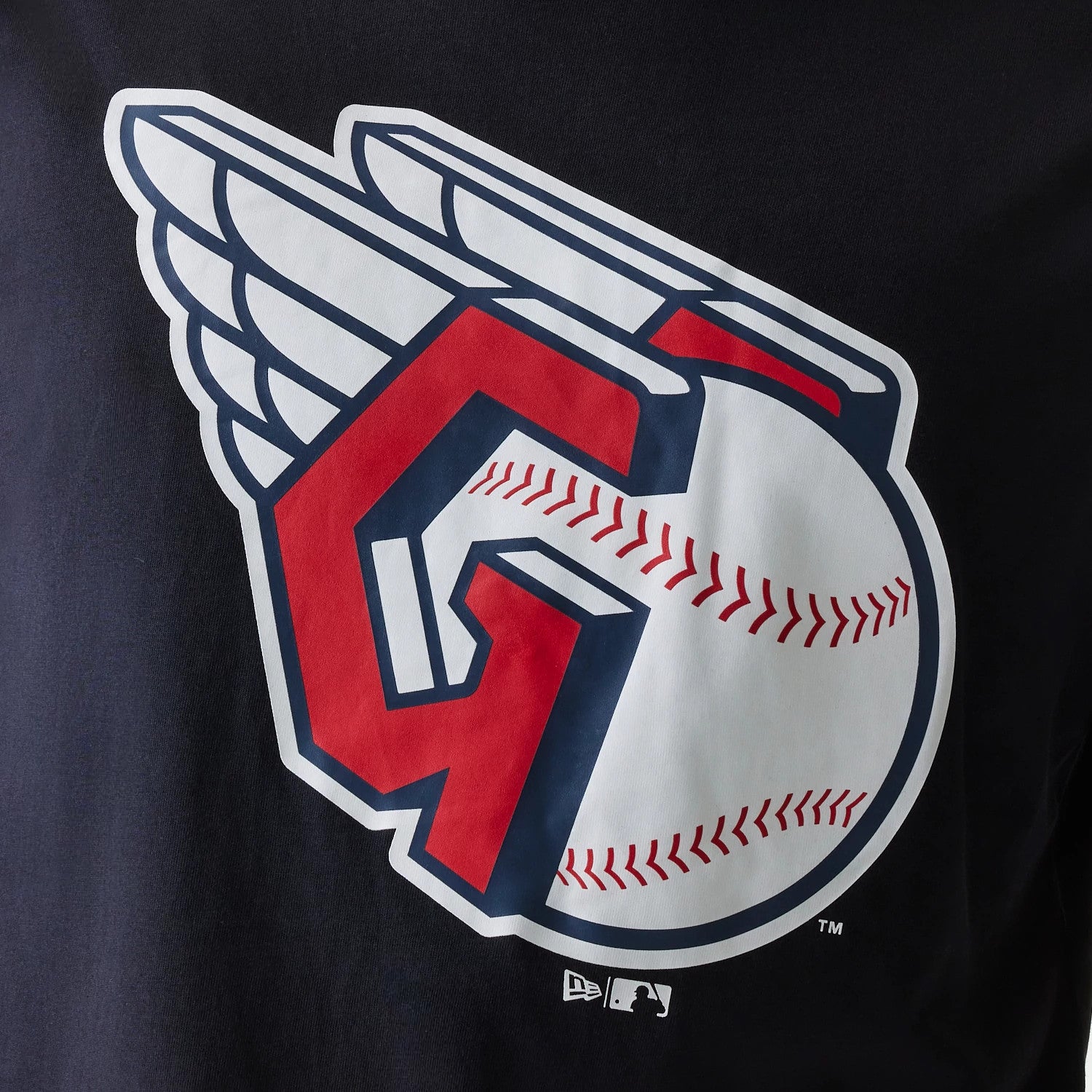 New Era Cleveland Guardians MLB Regular Navy T-Shirt, front view showing a large graphic with the red and white Guardians logo printed on the chest area, featuring a baseball with wings and a debossed New Era logo at the bottom.