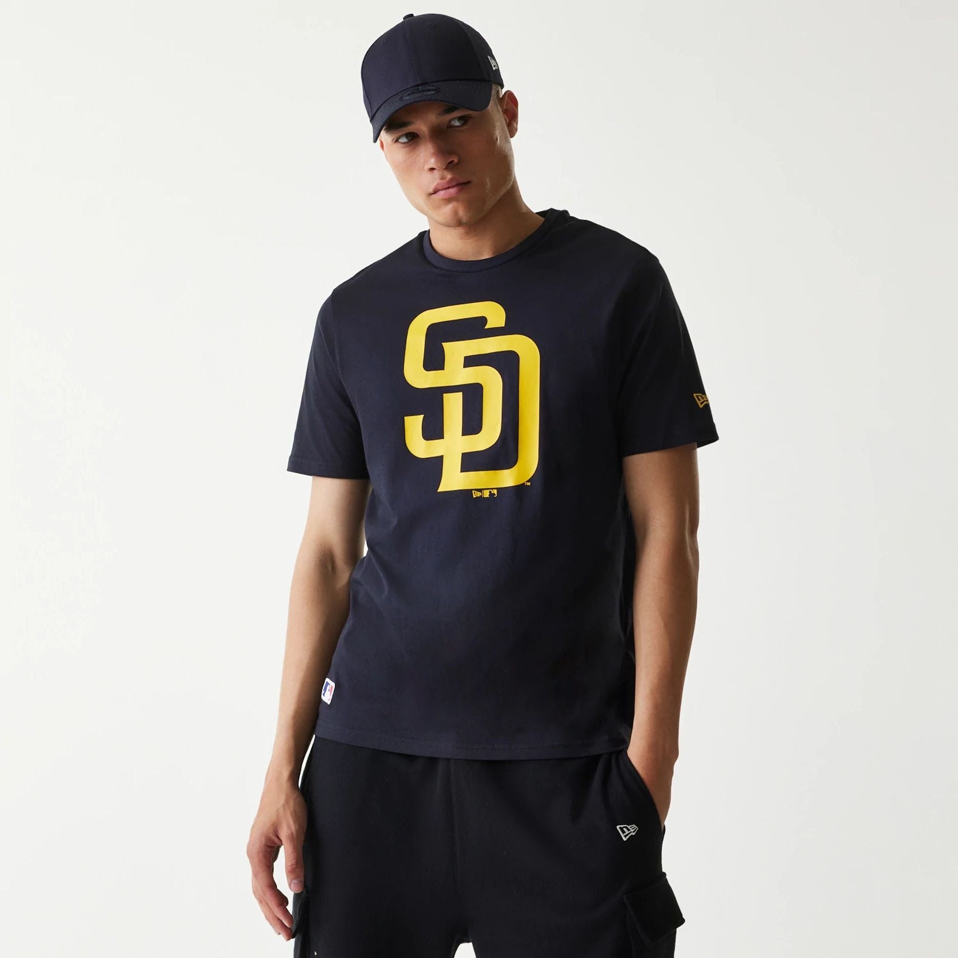 The Male model is wearing San Diego Padres MLB Regular Navy T-Shirt 1