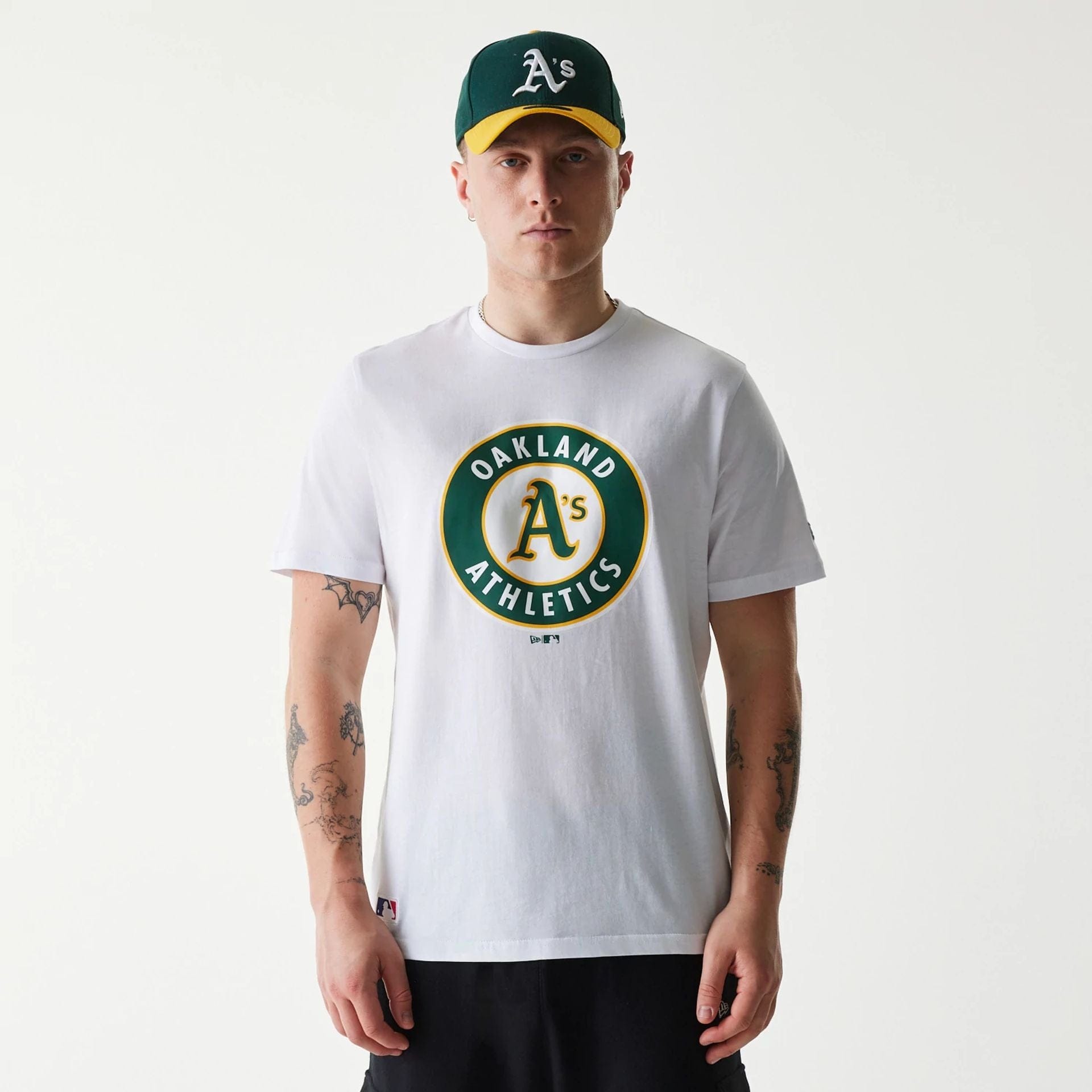 The Male model is wearing Oakland Athletics MLB Regular White T-Shirt 1
