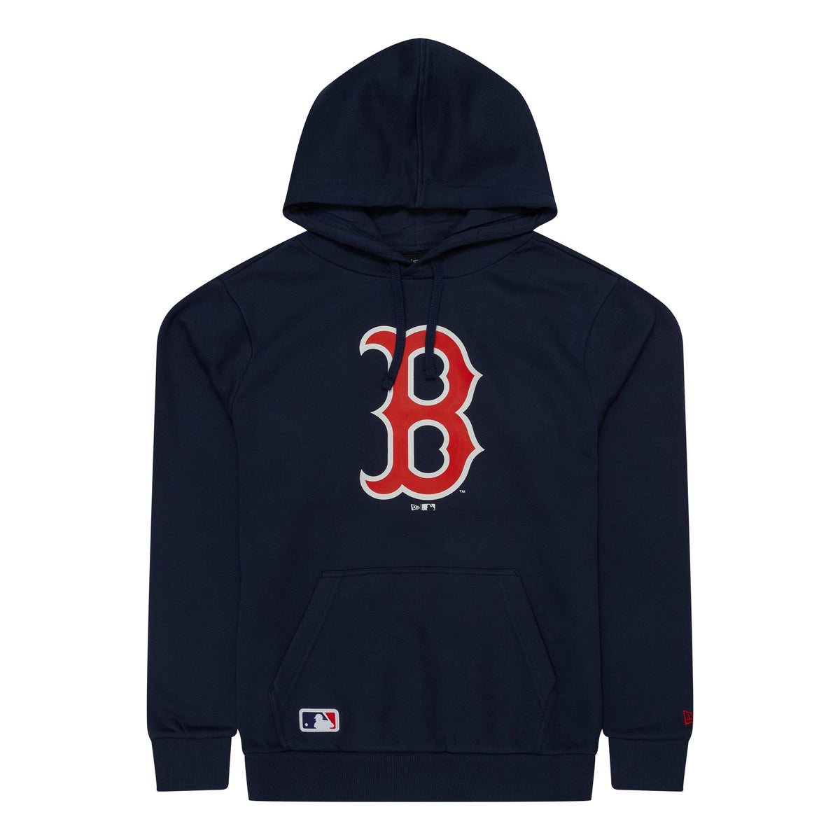 New Era Boston Red Sox MLB Regular Dark Blue Pullover Hoodie, front view showing a large red and white B logo printed on the chest, with a small embroidered MLB logo on the pocket and a raised New Era logo on the cuff.