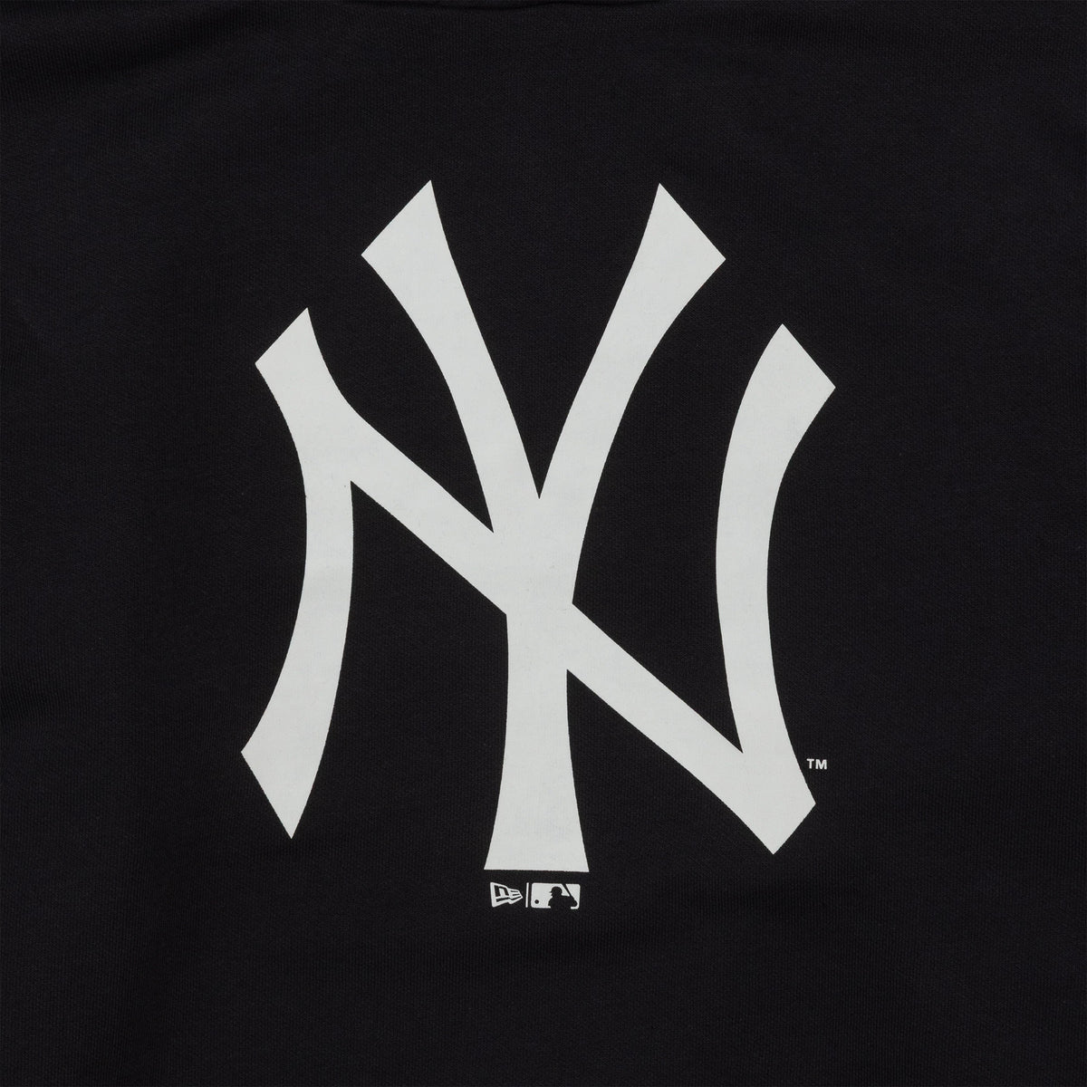 New Era New York Yankees MLB Regular Navy Pullover Hoodie, front view highlighting the large white Yankees logo embossed at the centre of the navy fabric, with small New Era and MLB logos positioned below.