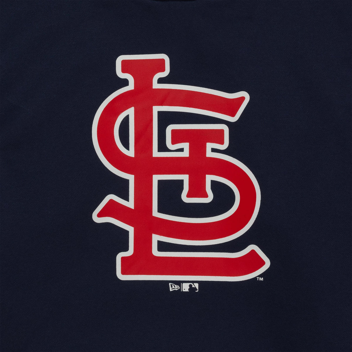 New Era St. Louis Cardinals MLB Regular Dark Blue Pullover Hoodie, front view showing a large red and white team logo centred on the chest against the dark blue fabric background, with a small white debossed New Era logo beneath.