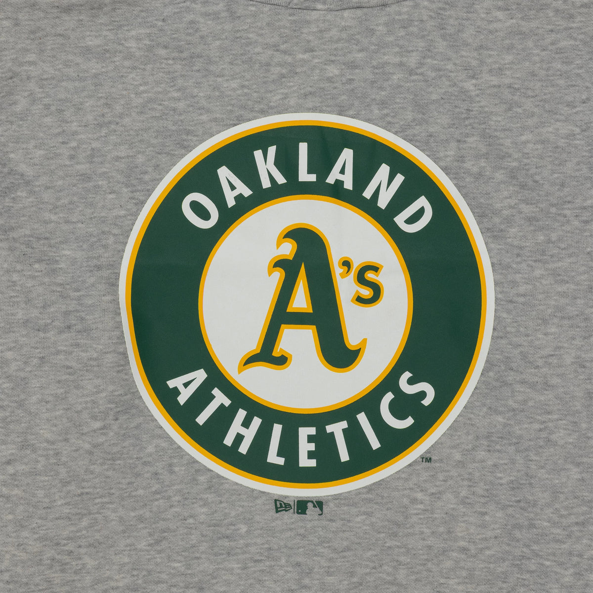New Era Athletics MLB Regular Grey Pullover Hoodie, front view showing a large green and yellow Oakland Athletics logo centred on the chest with a small debossed New Era logo beneath.