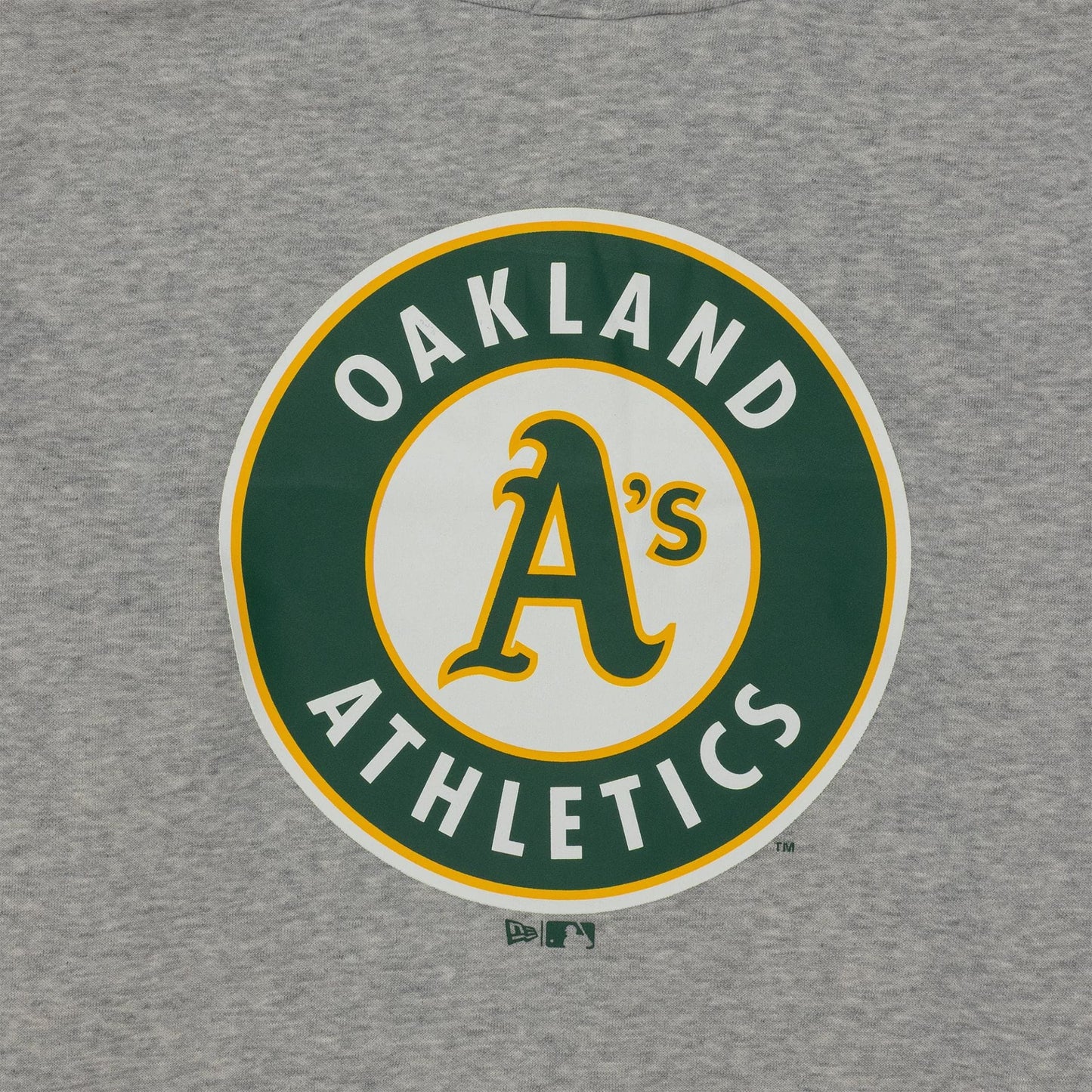 New Era Athletics MLB Regular Grey Pullover Hoodie, front view showing a large green and yellow Oakland Athletics logo centred on the chest with a small debossed New Era logo beneath.