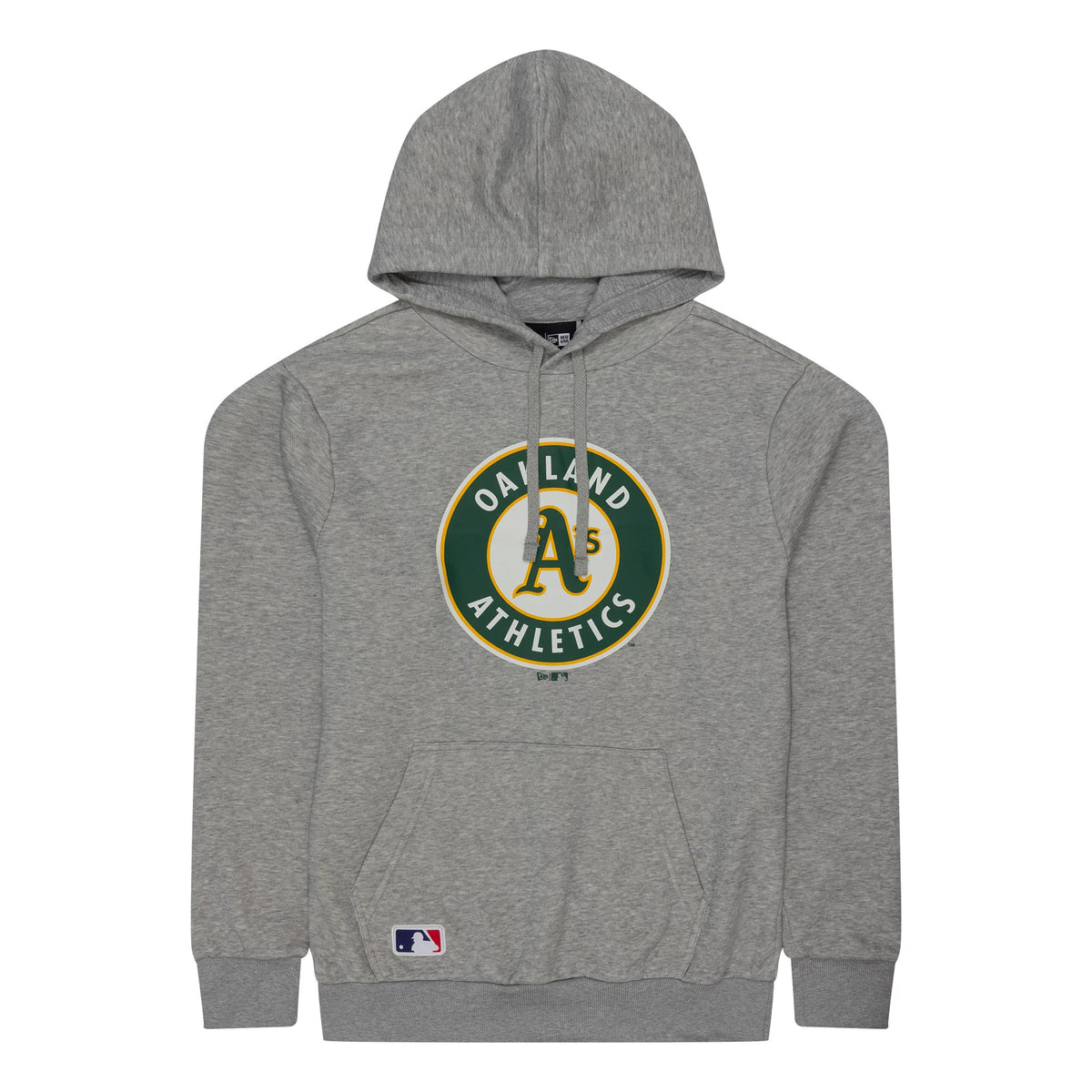 New Era Athletics MLB Regular Grey Pullover Hoodie, front view showing the grey fabric with a large circular Athletics logo centred on the chest, drawstrings at the neck of the hood and a small MLB logo patch on the front pocket.
