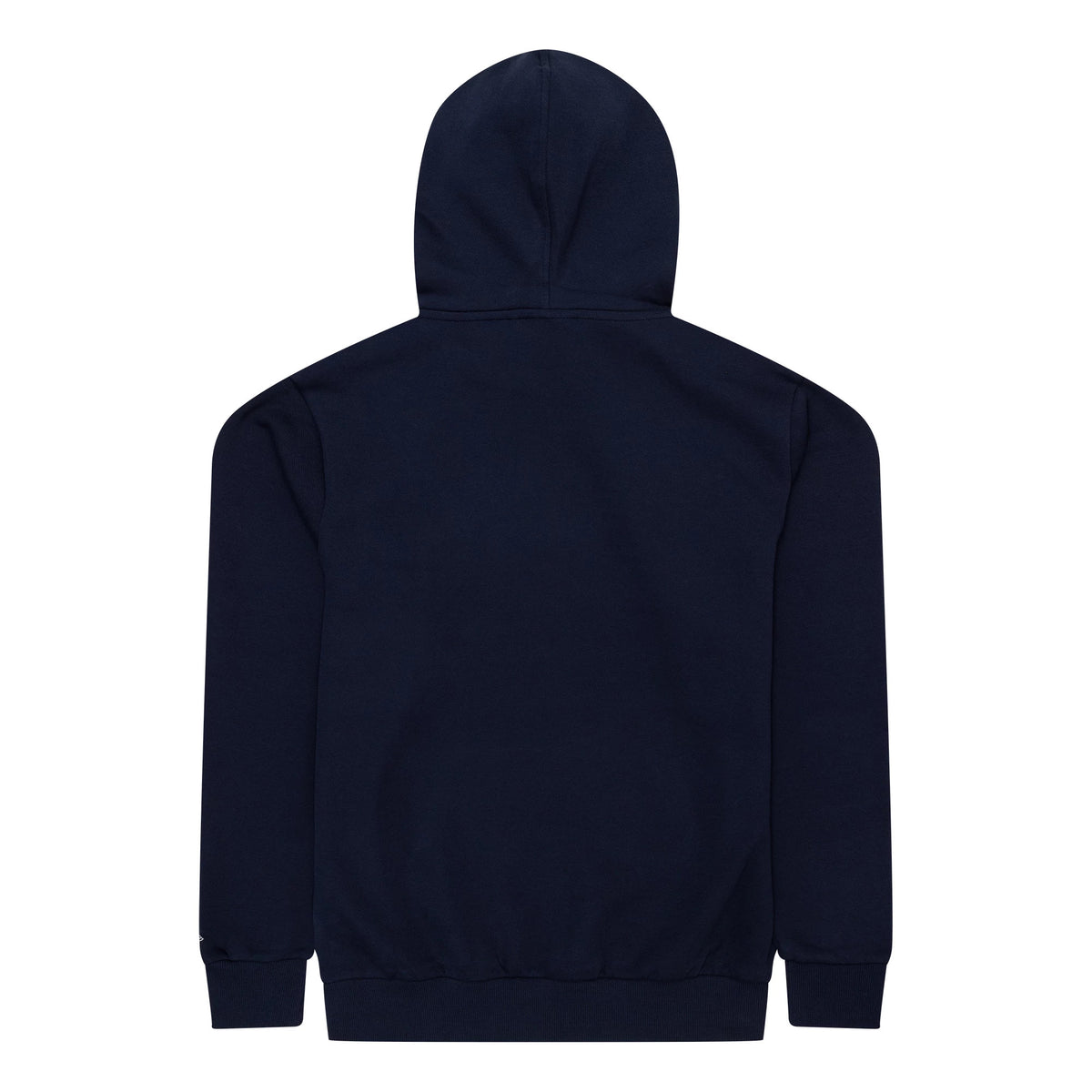 New Era Minnesota Twins MLB Regular Dark Blue Pullover Hoodie, rear view showing the plain dark blue hood and back with simple seam lines, long sleeves with ribbed cuffs, and a straight hem along the bottom edge.