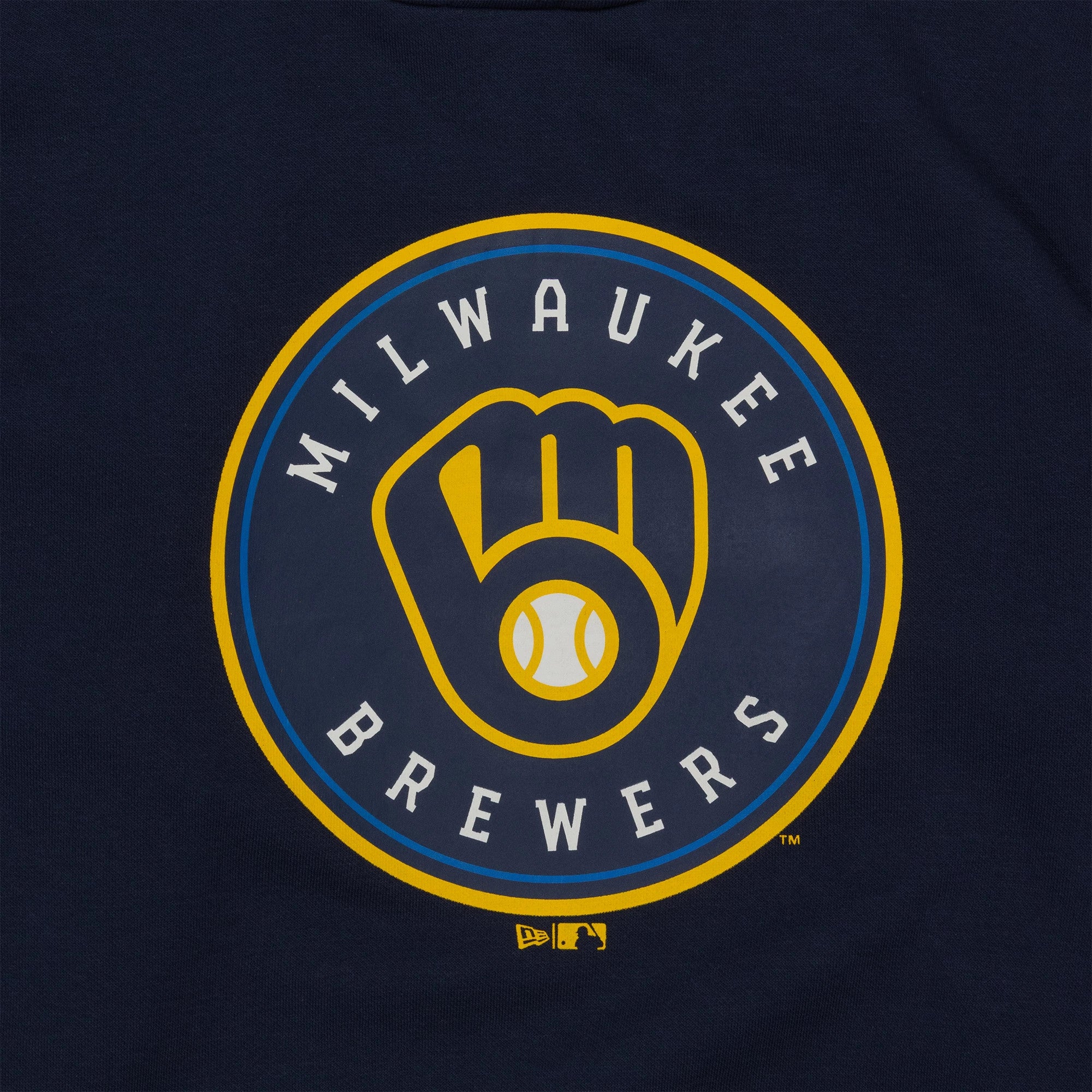 New Era Milwaukee Brewers MLB Regular Dark Blue Pullover Hoodie, front view featuring a large circular team logo with a yellow outline and a stylized glove design, centred on the chest with a debossed New Era logo below.