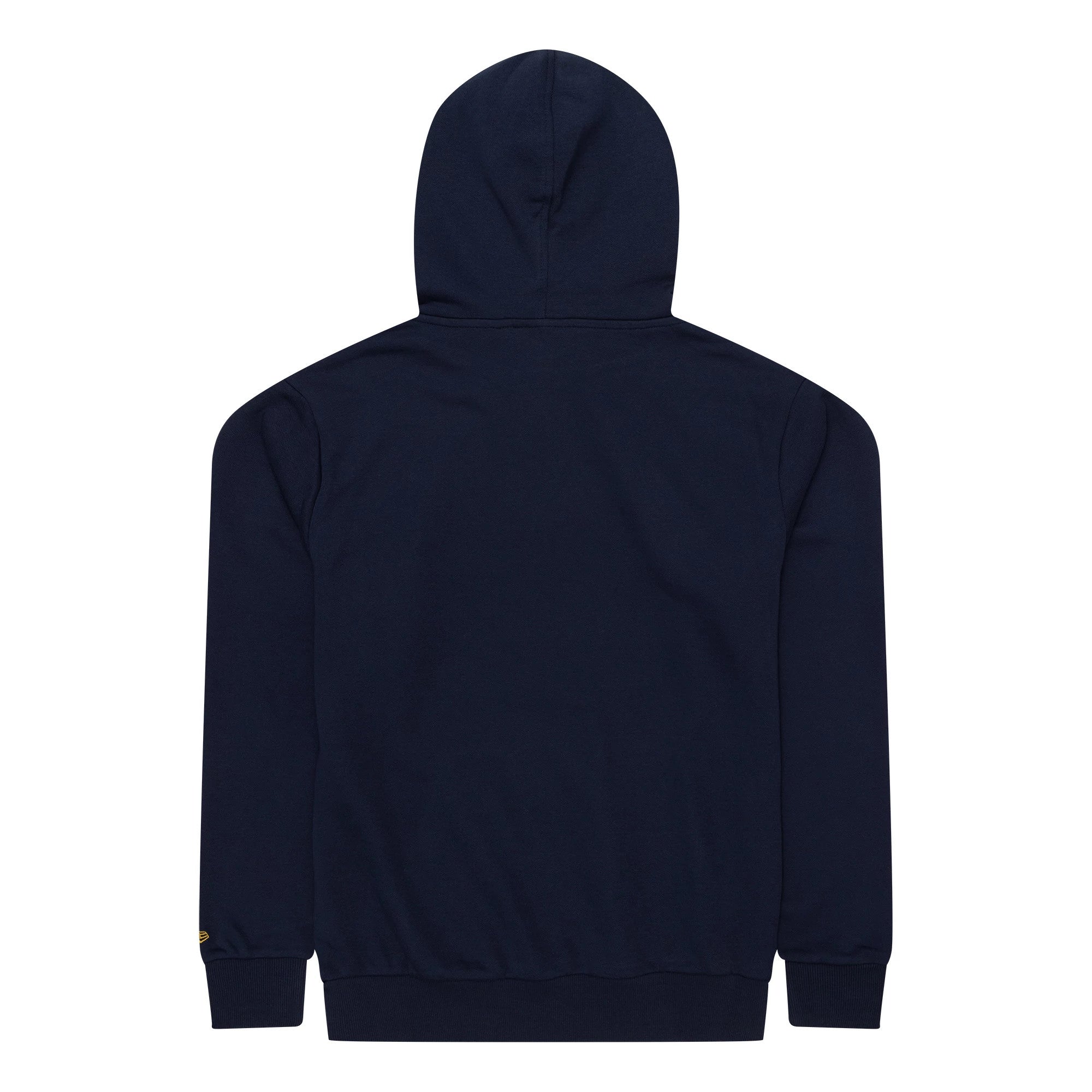 New Era Milwaukee Brewers MLB Regular Dark Blue Pullover Hoodie, rear view showing the dark blue fabric with an attached hood, ribbed cuffs and hem, and a small raised logo on the lower left sleeve.