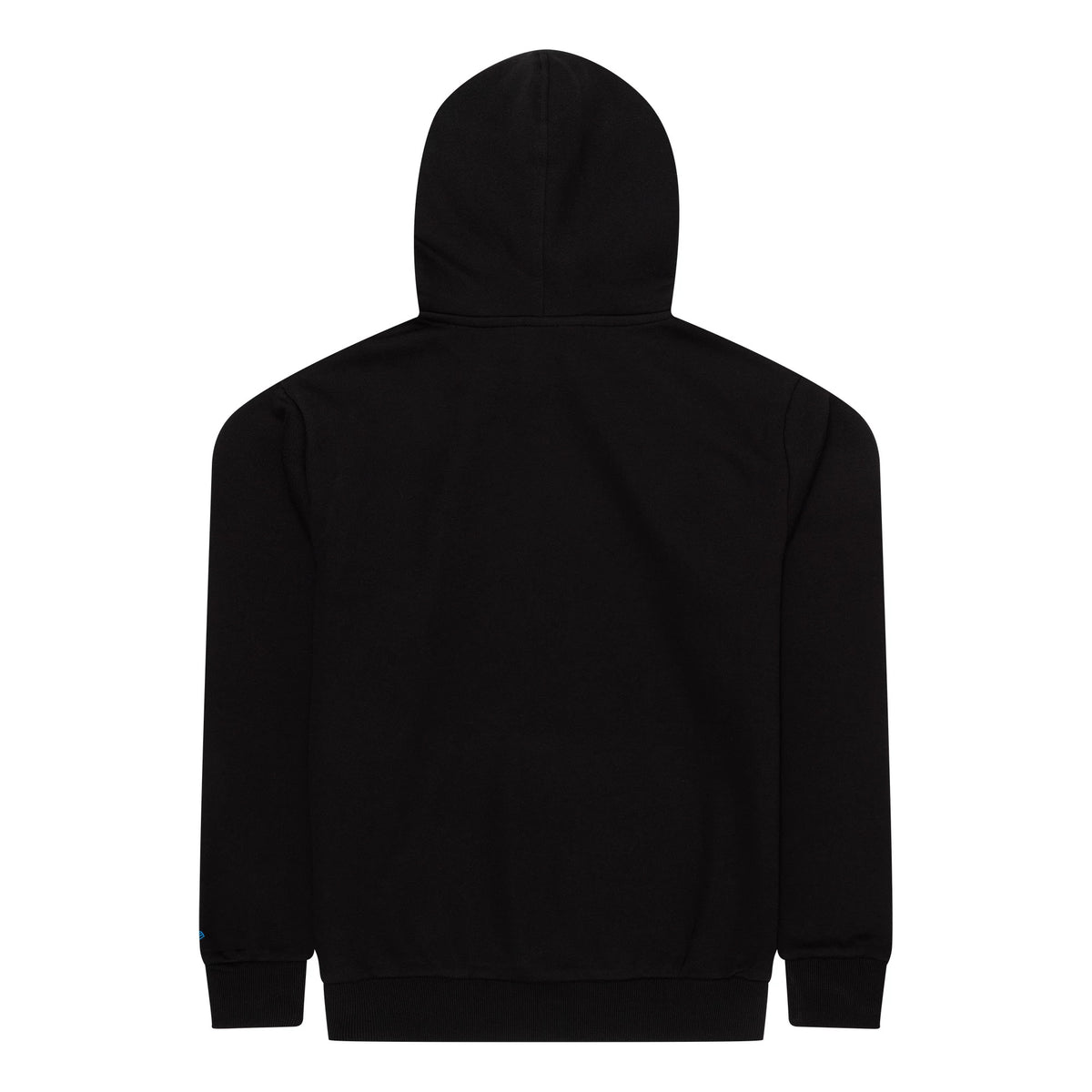 New Era Miami Marlins MLB Regular Black Pullover Hoodie, rear view showing the black hood attached to the black long-sleeved body, ribbed cuffs at the wrists and hem, with no visible logos or additional features on the back.