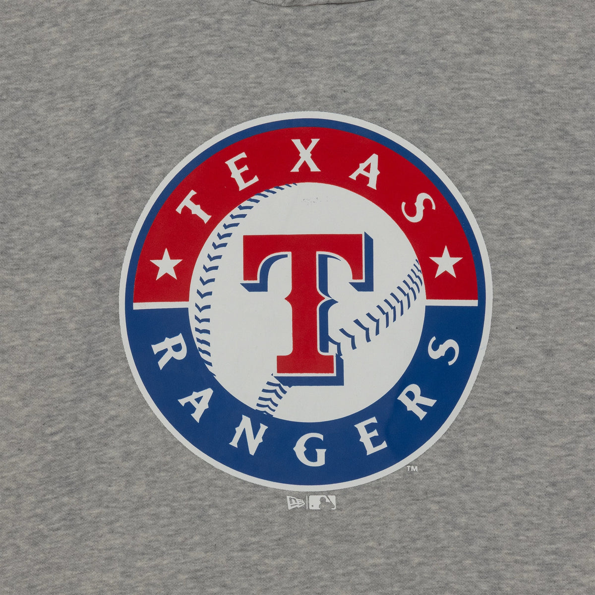 New Era Texas Rangers MLB Regular Grey Pullover Hoodie, front view showing a large circular logo with red, white, and blue colours featuring the letter T in the centre, debossed New Era logo beneath the design.