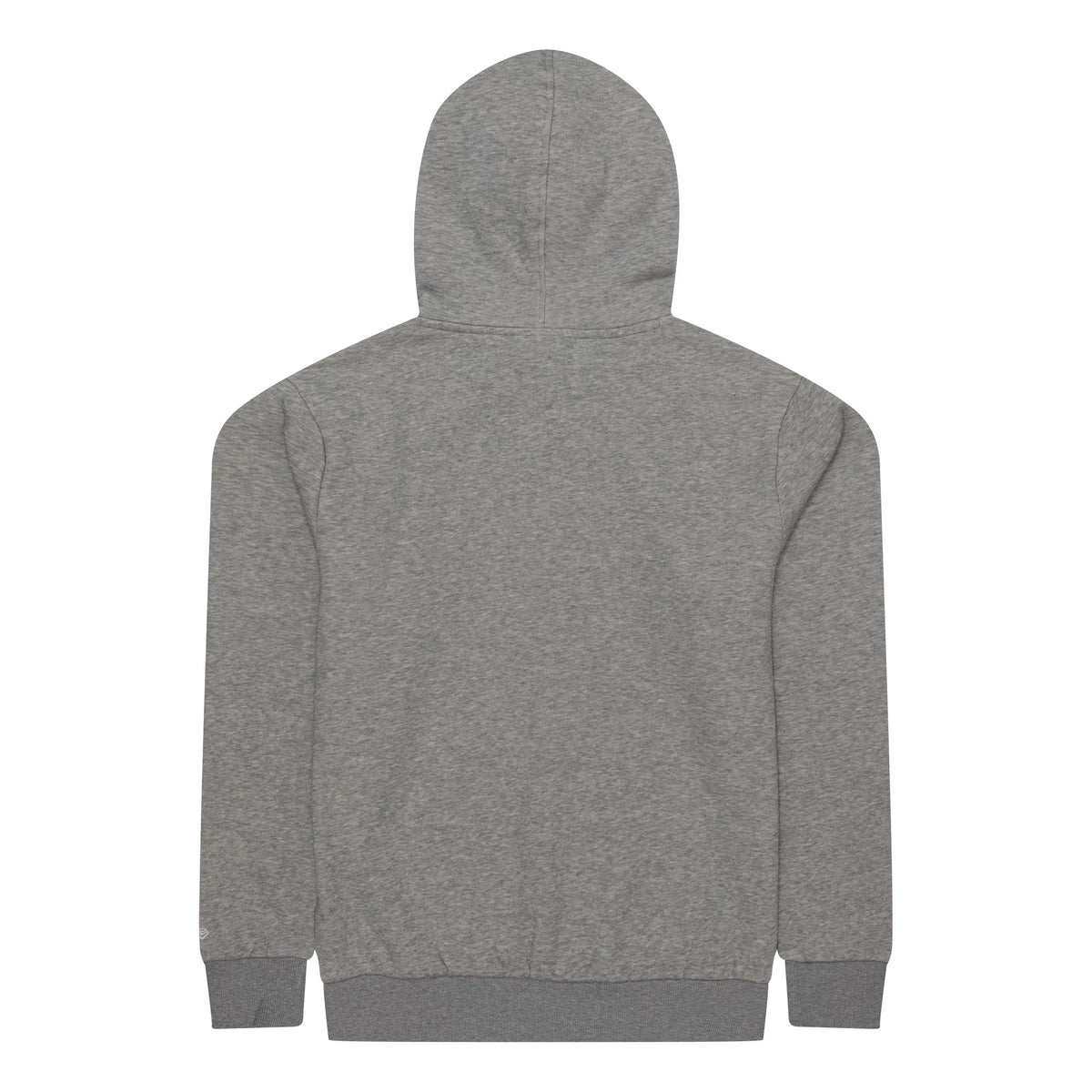 New Era Texas Rangers MLB Regular Grey Pullover Hoodie, rear view showing the plain grey back with a large hood at the top and long sleeves extending down, featuring ribbed cuffs and a hem for a classic pullover style.