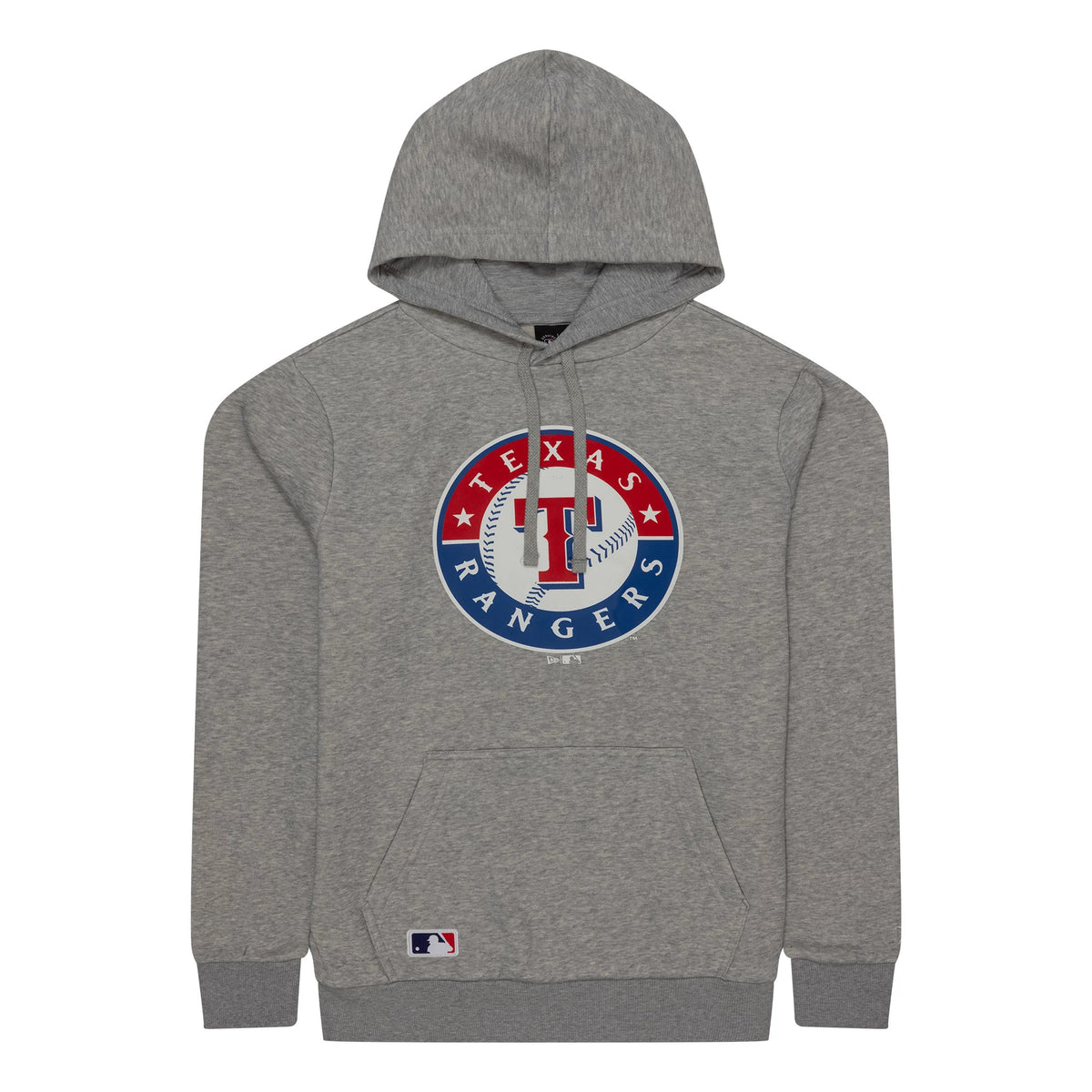 New Era Texas Rangers MLB Regular Grey Pullover Hoodie, front view showing the large Texas Rangers logo centred on the chest with red, white, and blue details, a kangaroo pocket below, and an MLB patch on the lower left front edge.
