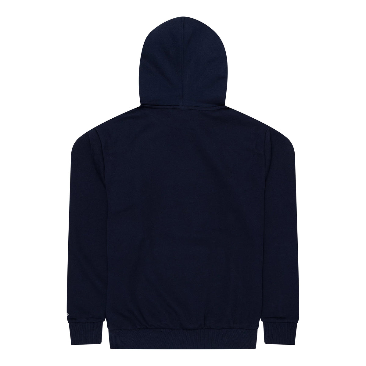 New Era Seattle Mariners MLB Regular Dark Blue Pullover Hoodie, rear view showing the solid dark blue colour with a plain back, attached hood and embroidered New Era logo on the left cuff of the sleeve.