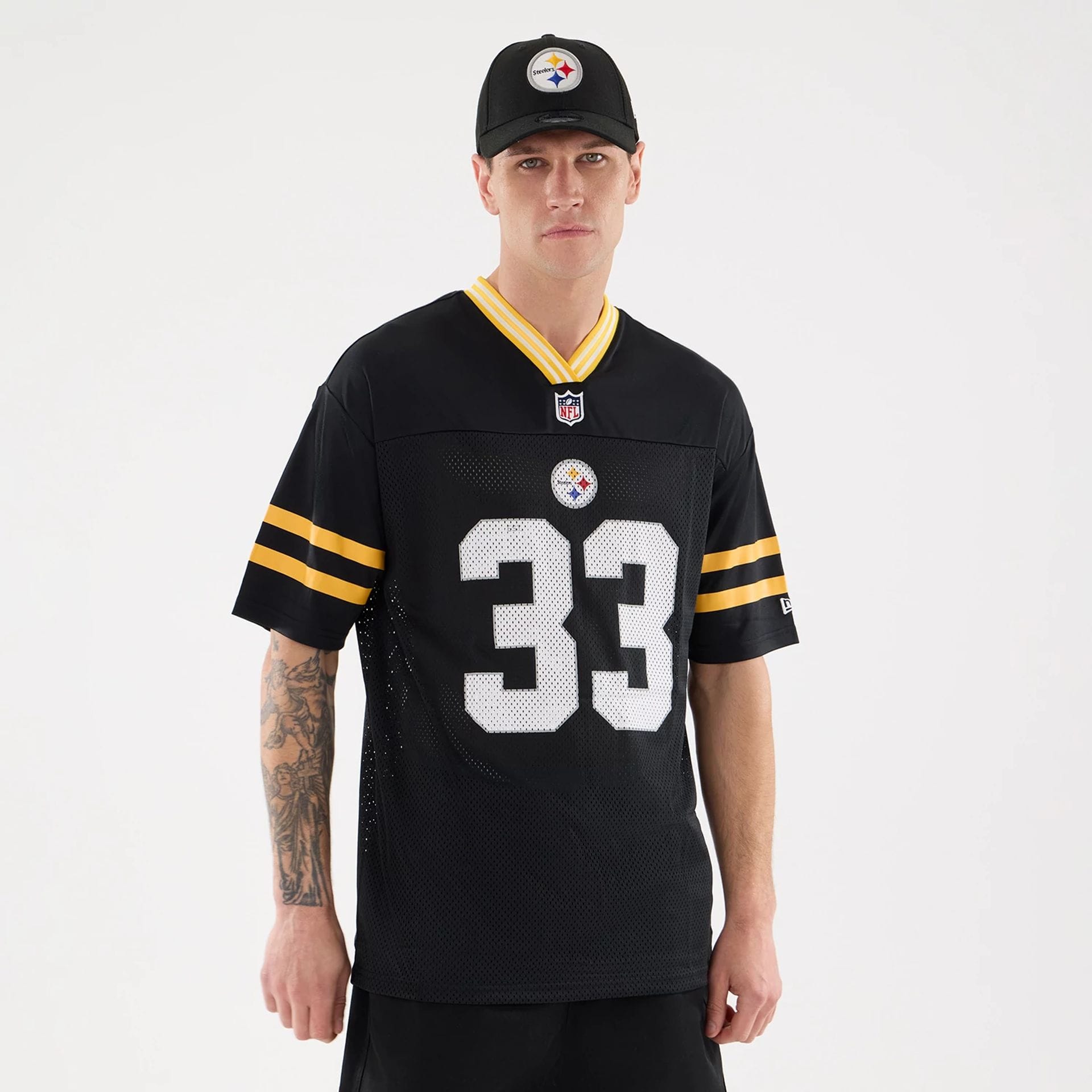 The Male model is wearing Pittsburgh Steelers NFL Mesh Black Mesh Jersey 1