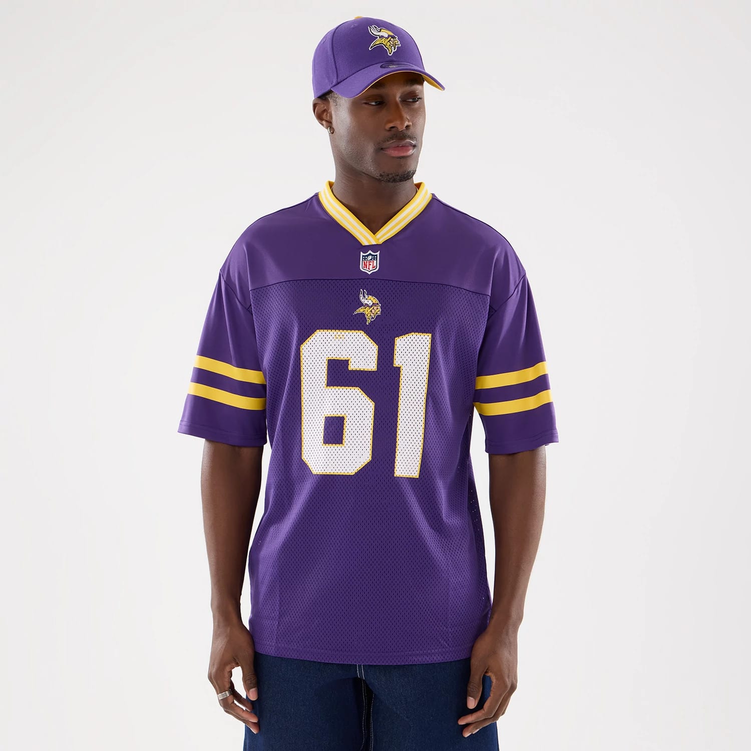 The Male model is wearing Minnesota Vikings NFL Mesh Purple Mesh Jersey 1