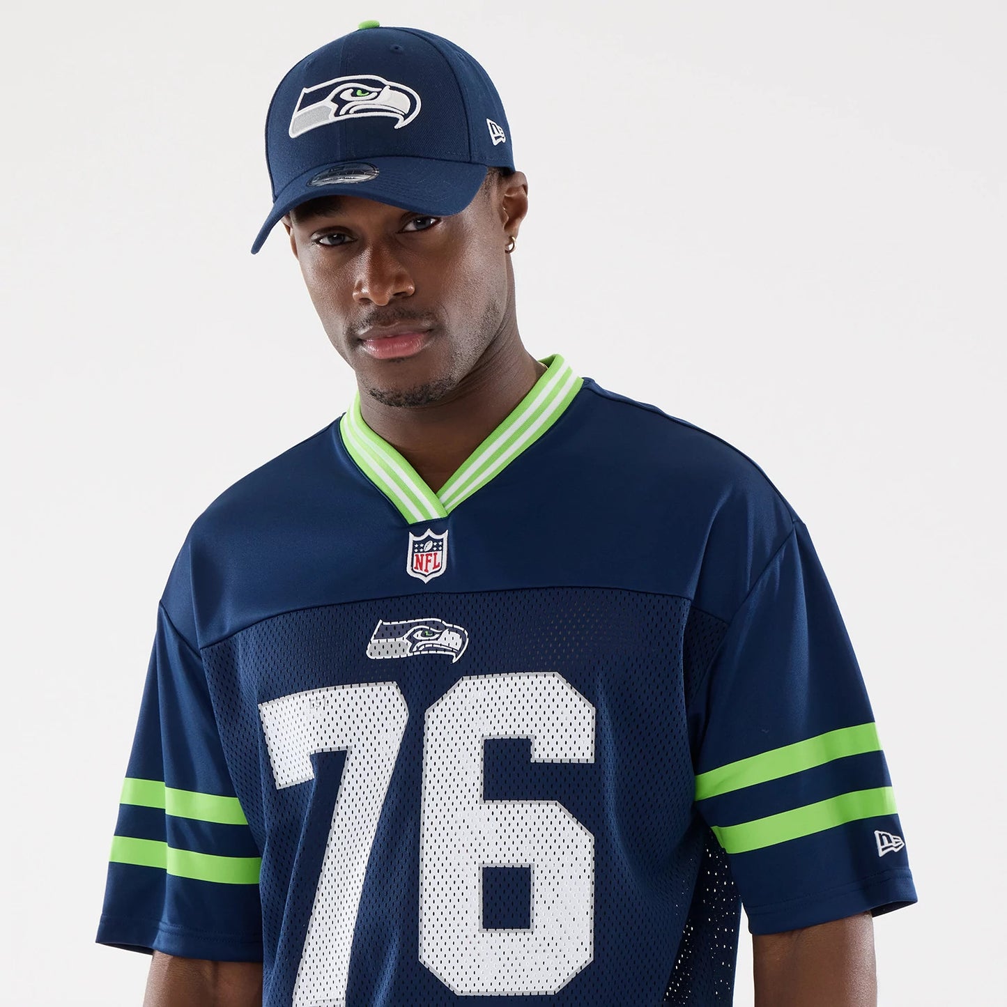The Male model is wearing Seattle Seahawks NFL Mesh Dark Blue Mesh Jersey 7