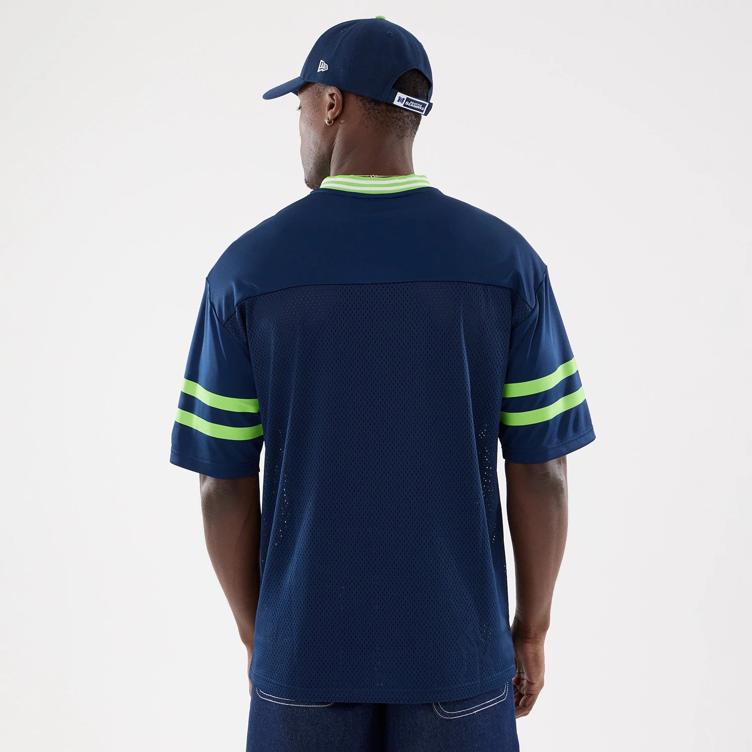 The Male model is wearing Seattle Seahawks NFL Mesh Dark Blue Mesh Jersey 2