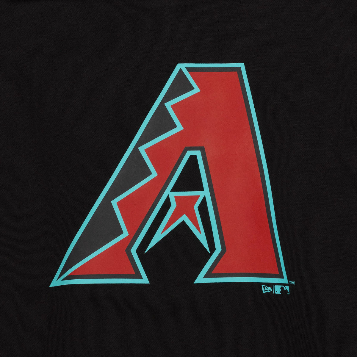 New Era Arizona Diamondbacks MLB Regular Black Pullover Hoodie, front view featuring a large red and black stylised 'A' with turquoise outline on the chest and a small debossed New Era logo in white near the bottom right corner.