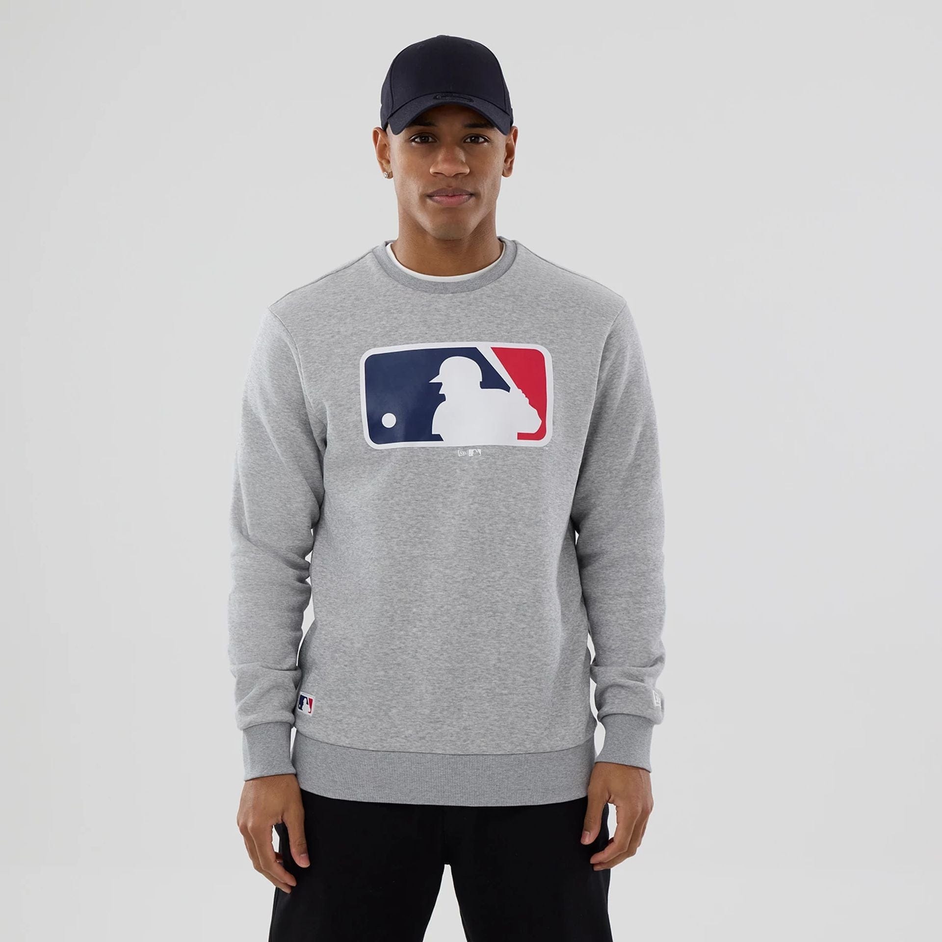 The Male model is wearing MLB Generic Logo Grey Crew Neck Sweater 1