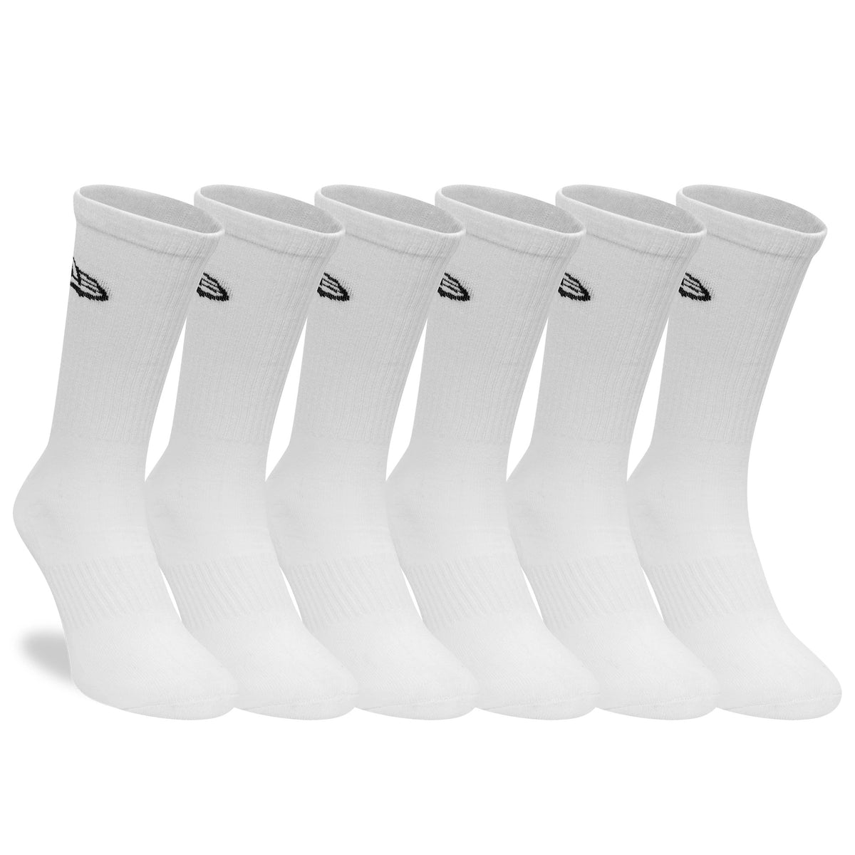 New Era Flag 6-Pack White Crew Socks, side view showing six pairs of white socks with ribbed cuffs, each featuring a black embroidered New Era flag logo on the outer side near the ankle.