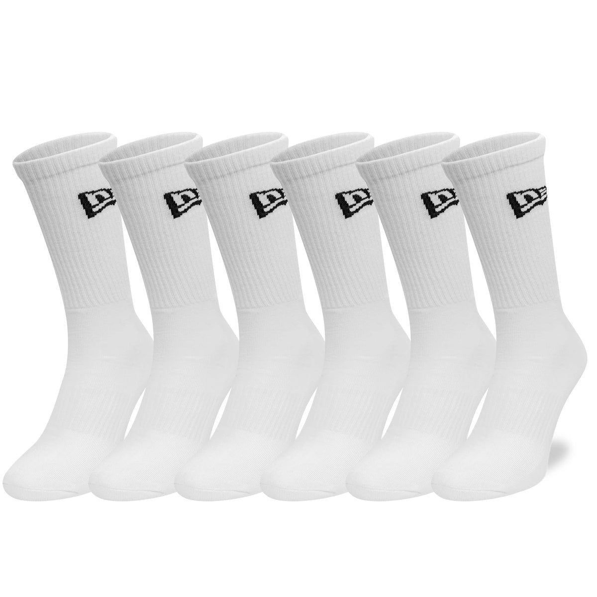 New Era Flag 6-Pack White Crew Socks, front view showing six pairs of white ribbed crew socks with a black embroidered New Era logo near the top of each cuff, aligned in two rows.