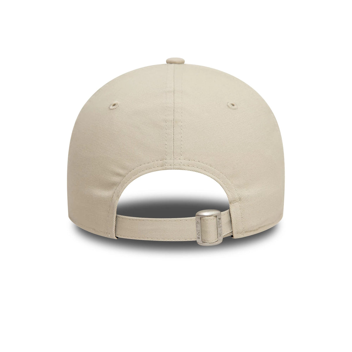 New York Yankees Team Outline Cream New Era 9FORTY Adjustable Cap, rear view showing the cream fabric strap with a metal buckle closure and matching top button on the smooth crown.