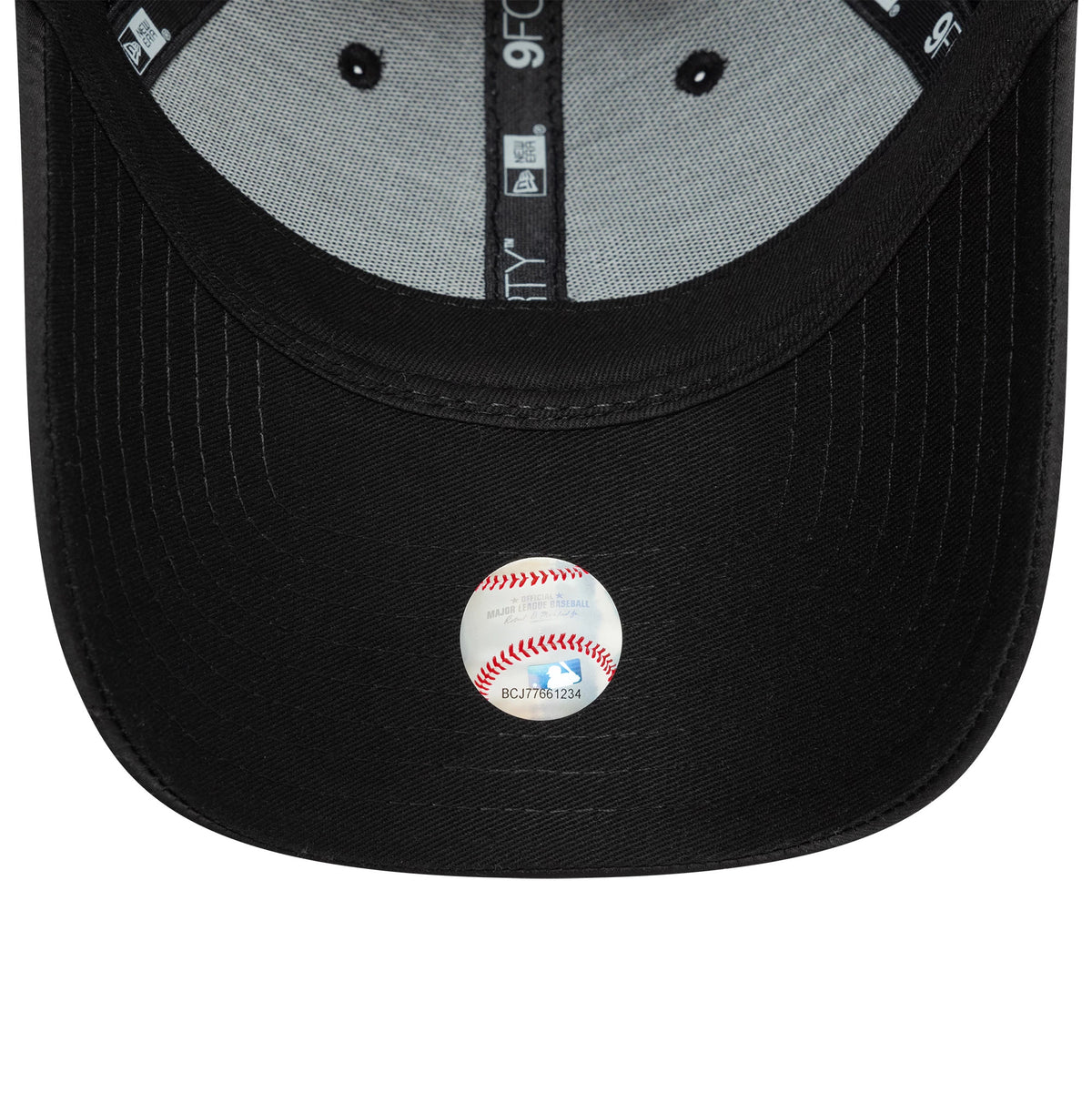 New York Yankees Womens Satin Black New Era 9FORTY Adjustable Cap, inside view showing black taping with logos, a grey sweatband, and a unique baseball hologram sticker central on the black undervisor.