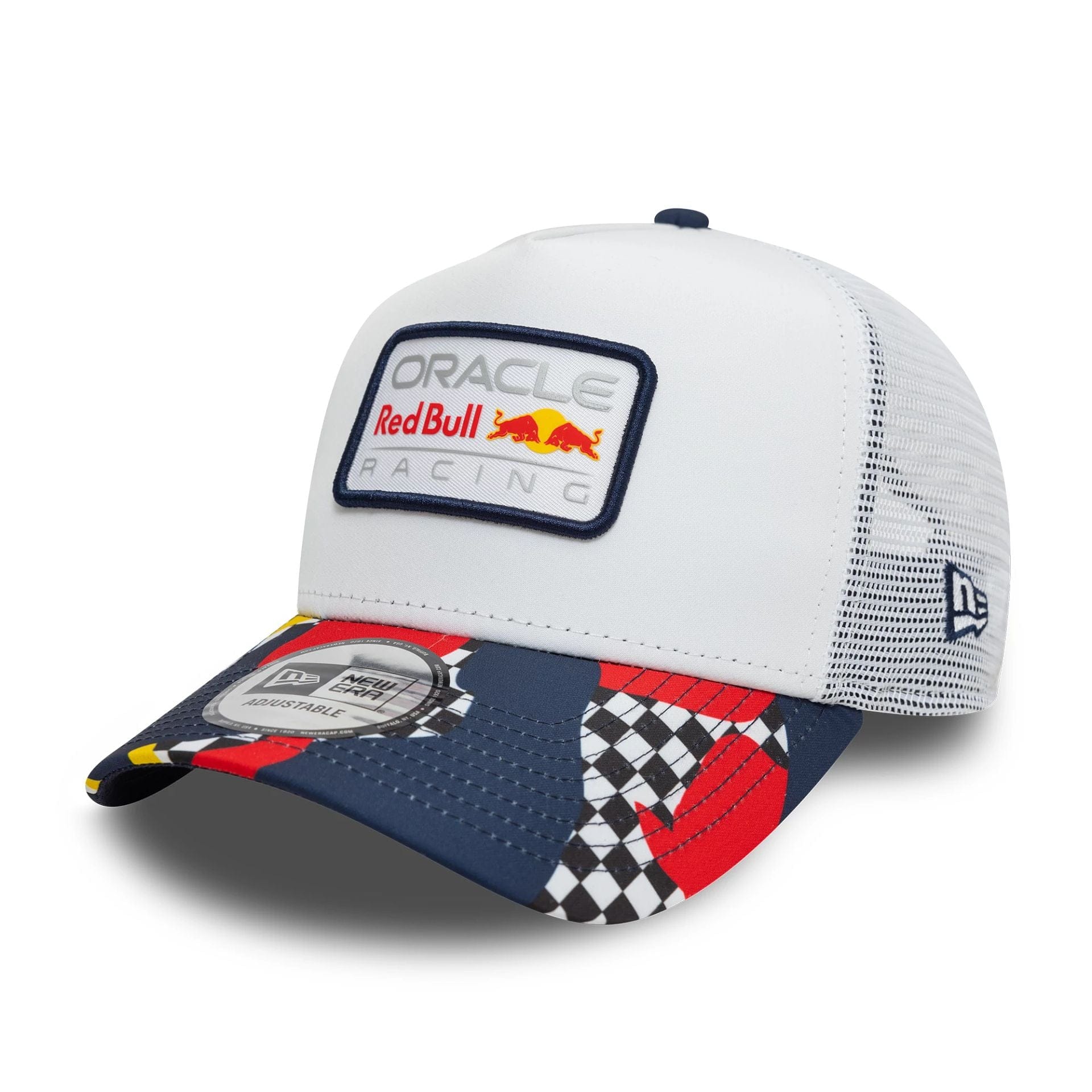 This is a Red Bull Racing Abstract White 9FORTY A-Frame Trucker Adjustable Cap 1