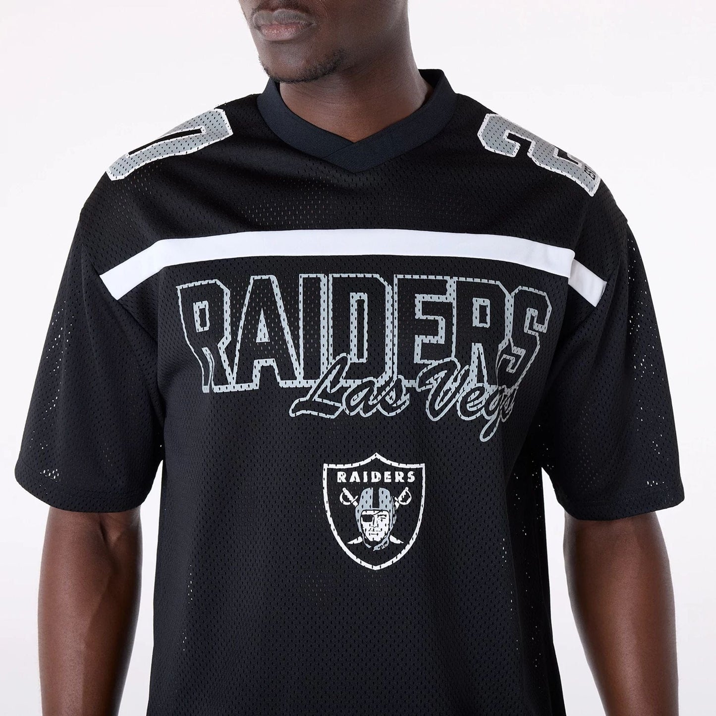 The Male model is wearing Las Vegas Raiders NFL Mesh Black T-Shirt 8