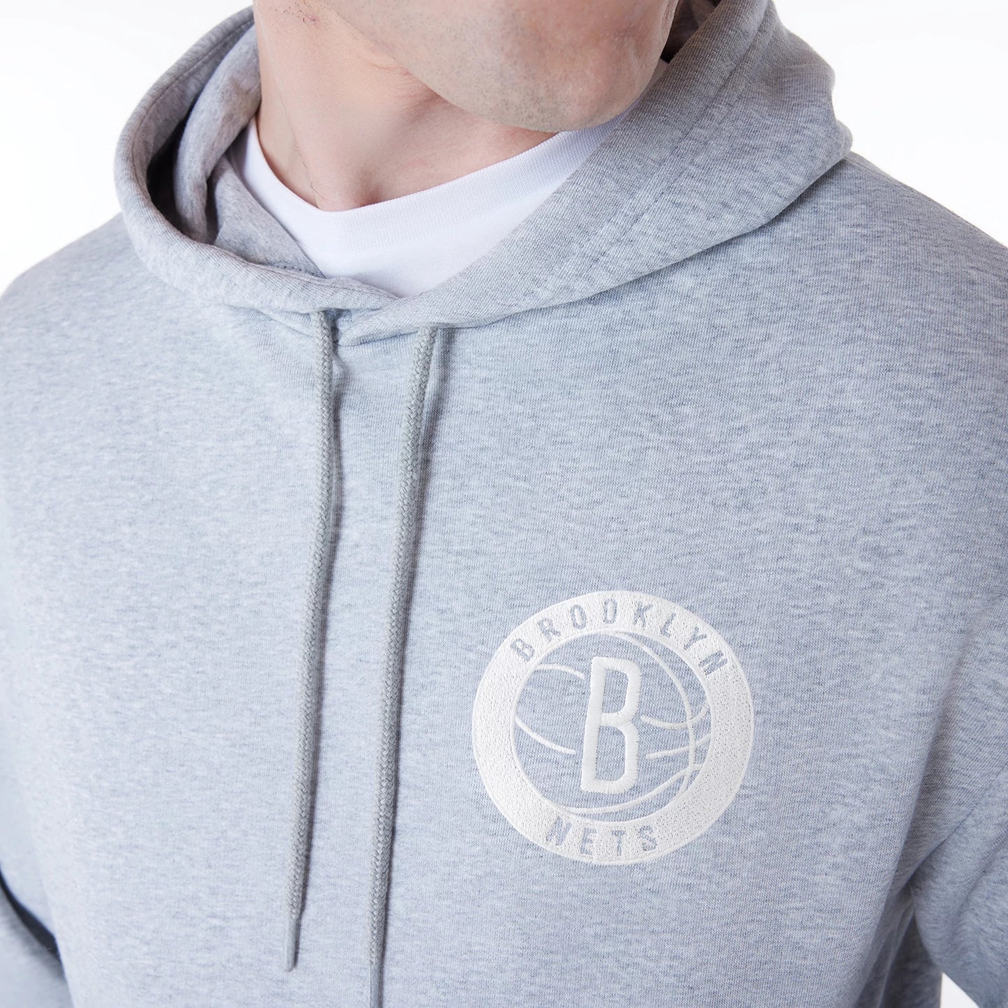 The Male model is wearing Brooklyn Nets NBA League Essential Grey Oversized Pullover Hoodie 8