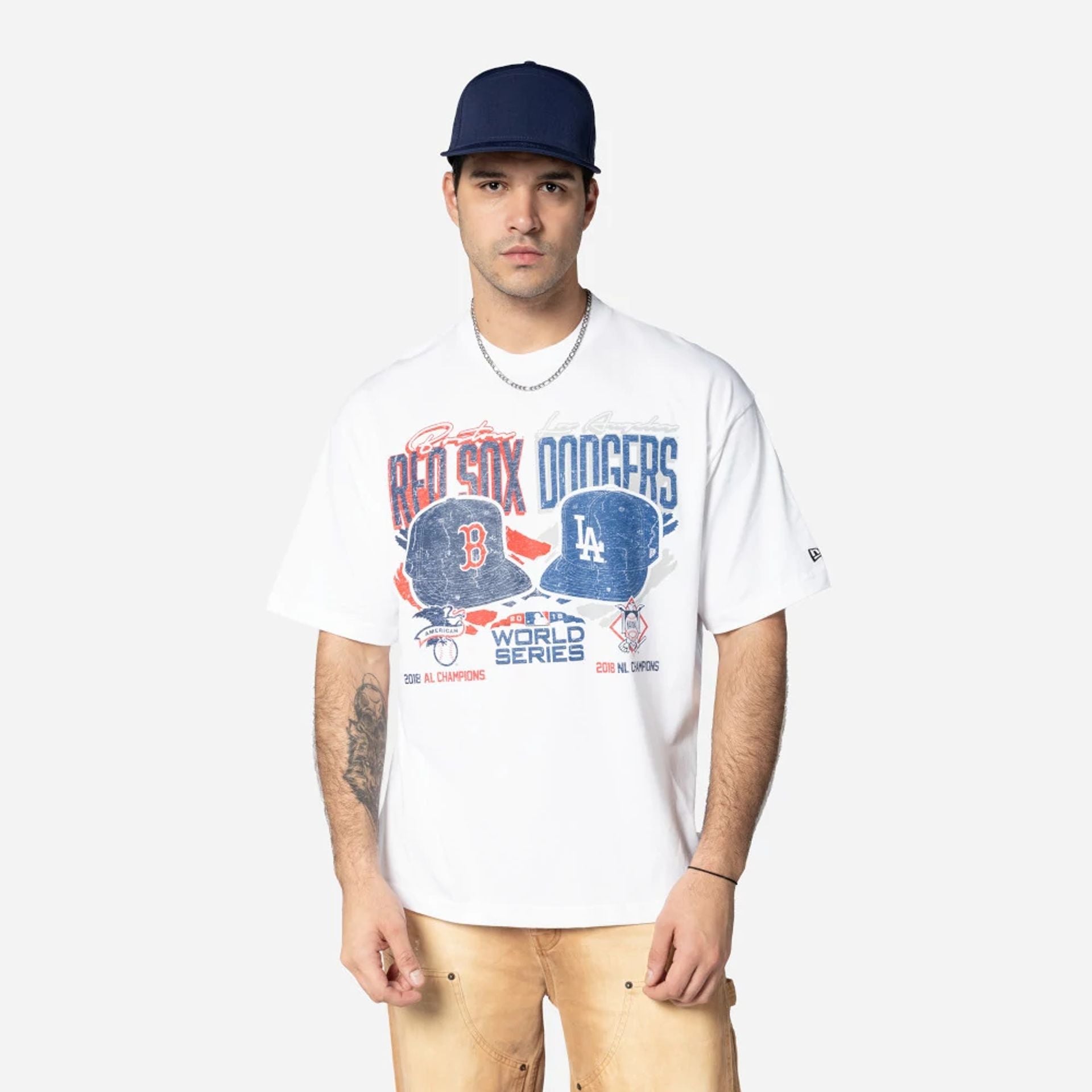 The Male model is wearing MLB Dueling Logos Sport Classic White T-Shirt 1