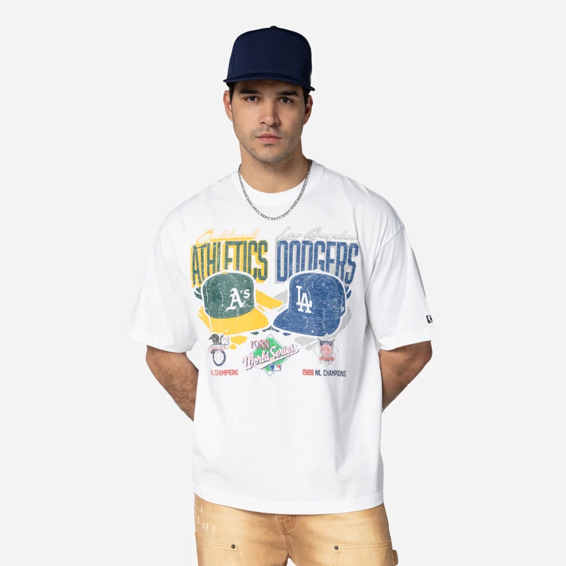 The Male model is wearing MLB Dueling Logos Oakland Athletics VS LA Dodgers Sport Classic White T-Shirt 1