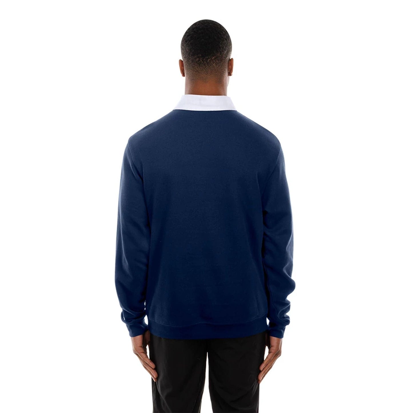 The Male model is wearing New York Yankees Throwback Prep Navy Long Sleeve Rugby Shirt 7