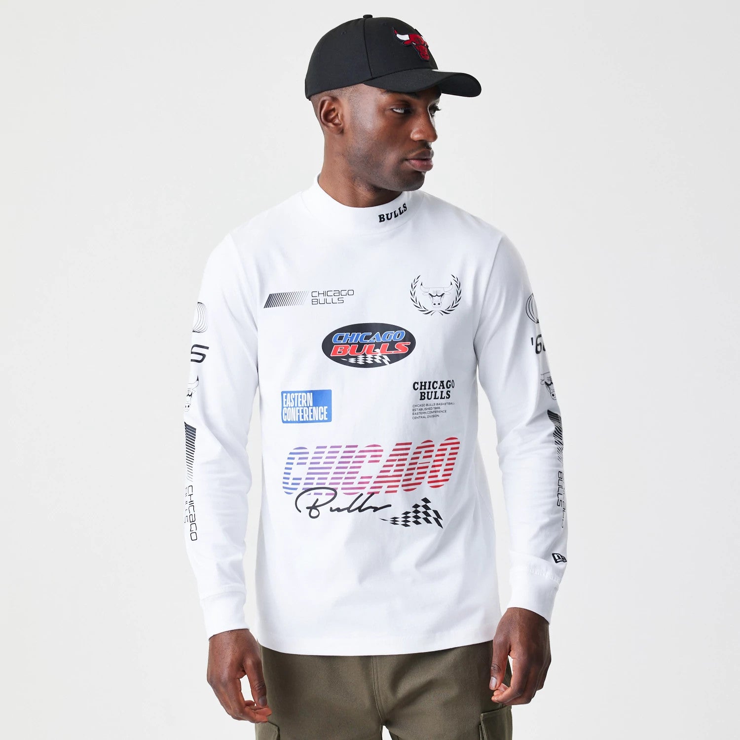 The Male model is wearing Chicago Bulls Modern Driver White Long Sleeve T-Shirt 1