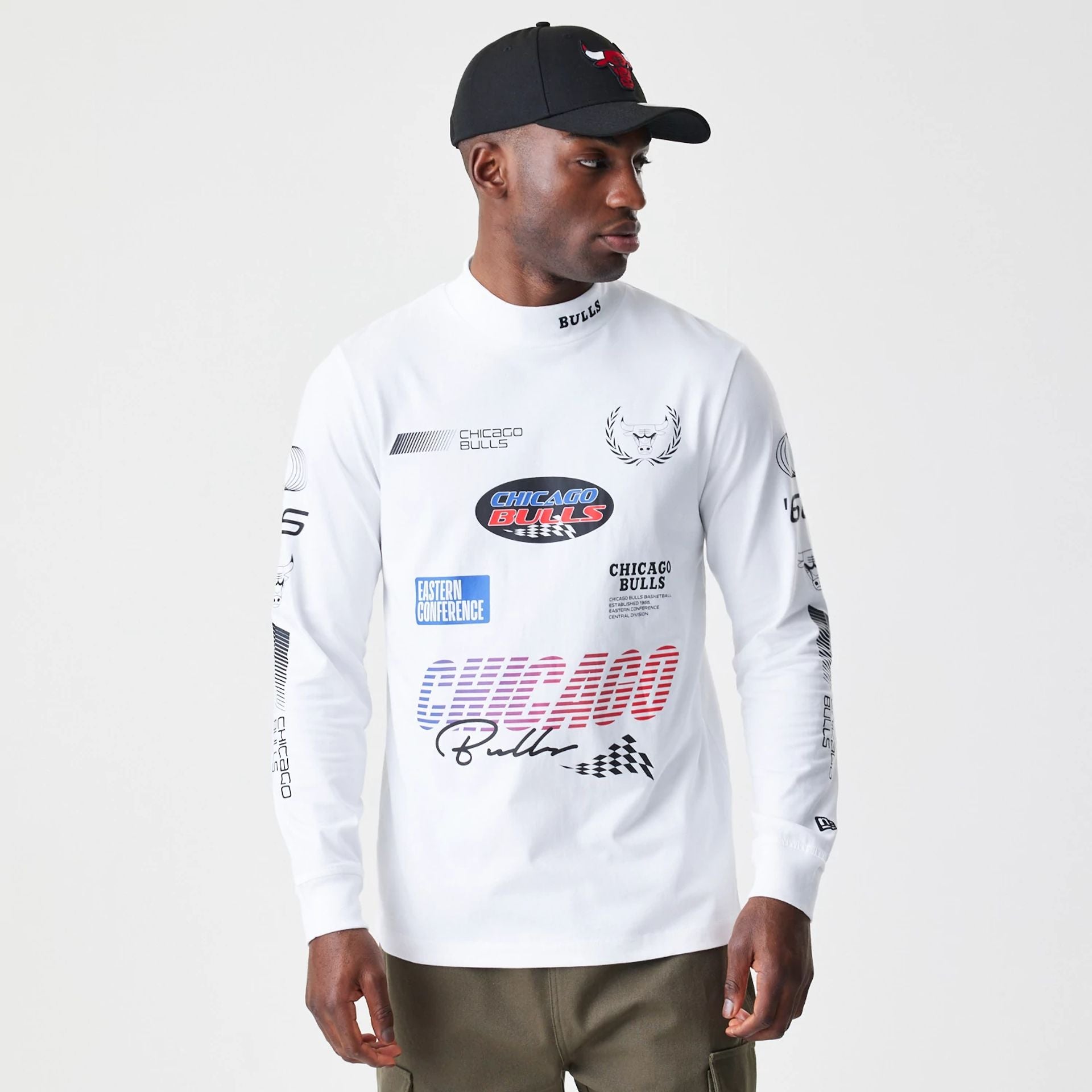 The Male model is wearing Chicago Bulls Modern Driver White Long Sleeve T-Shirt 1