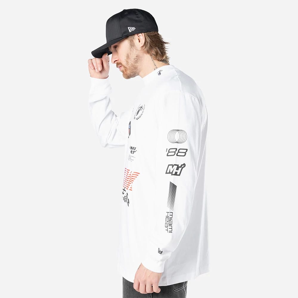 New Era Miami Heat Modern Driver White Long Sleeve T-Shirt, side view showing a man wearing a white shirt with black and red graphics and text on the sleeves and chest, paired with a debossed logo black cap touched by the model.