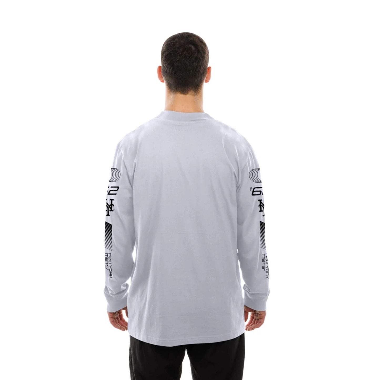 The Male model is wearing New York Mets Modern Driver White Long Sleeve T-Shirt 7