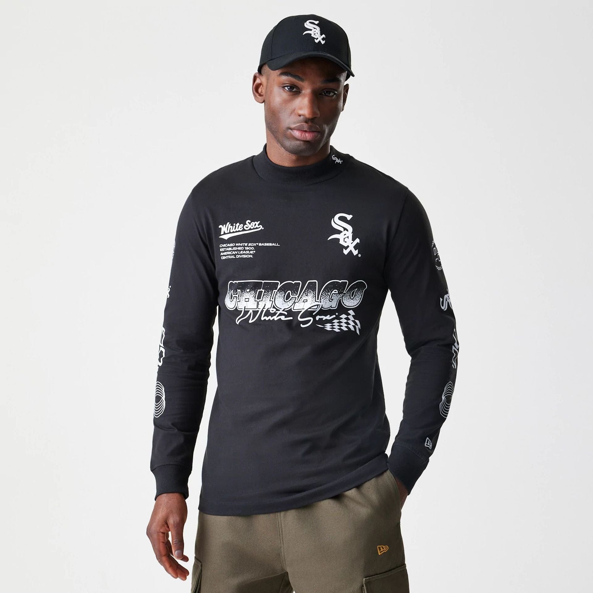 The Male model is wearing Chicago White Sox Modern Driver Black Long Sleeve T-Shirt 1