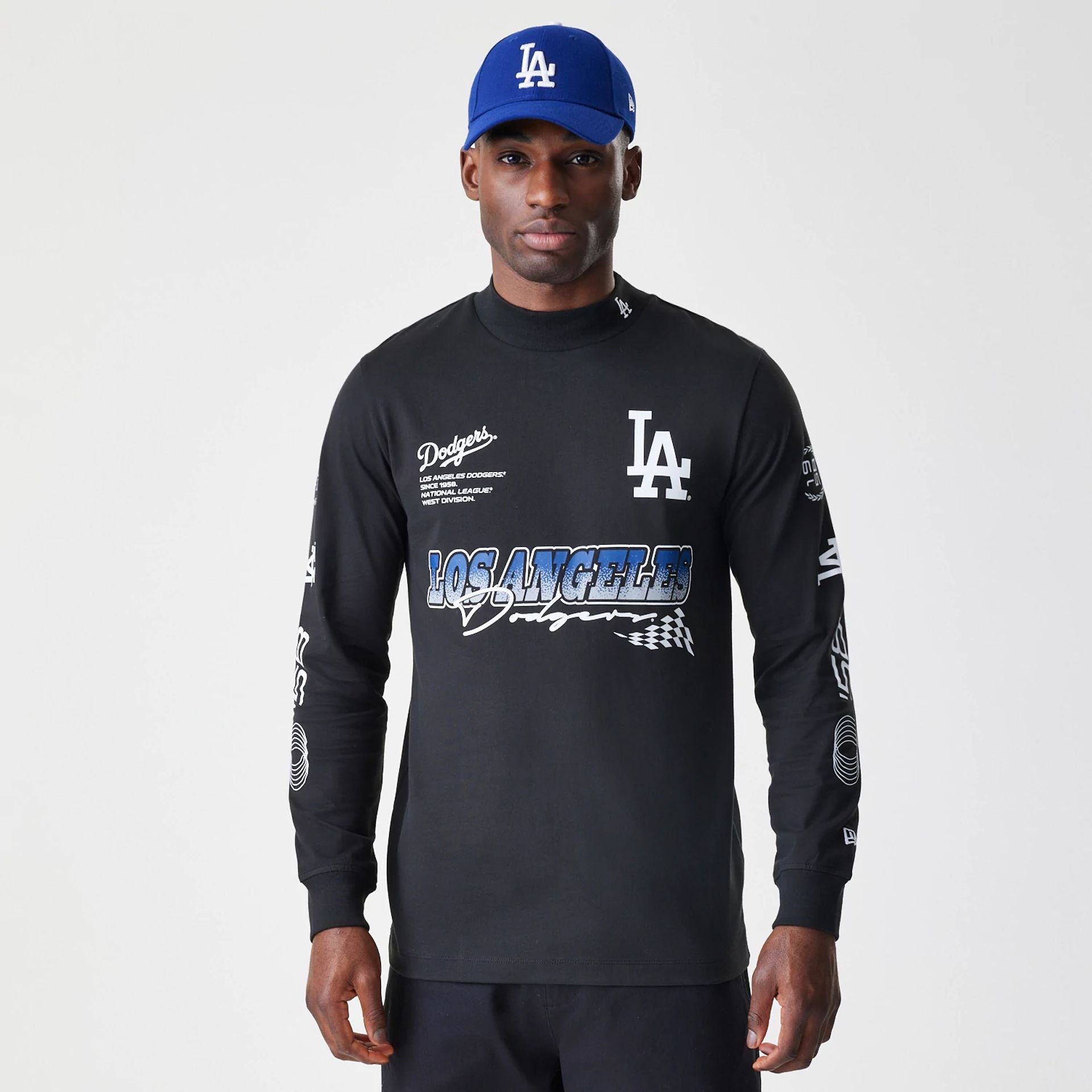 The Male model is wearing LA Dodgers Modern Driver Black Long Sleeve T-Shirt 1